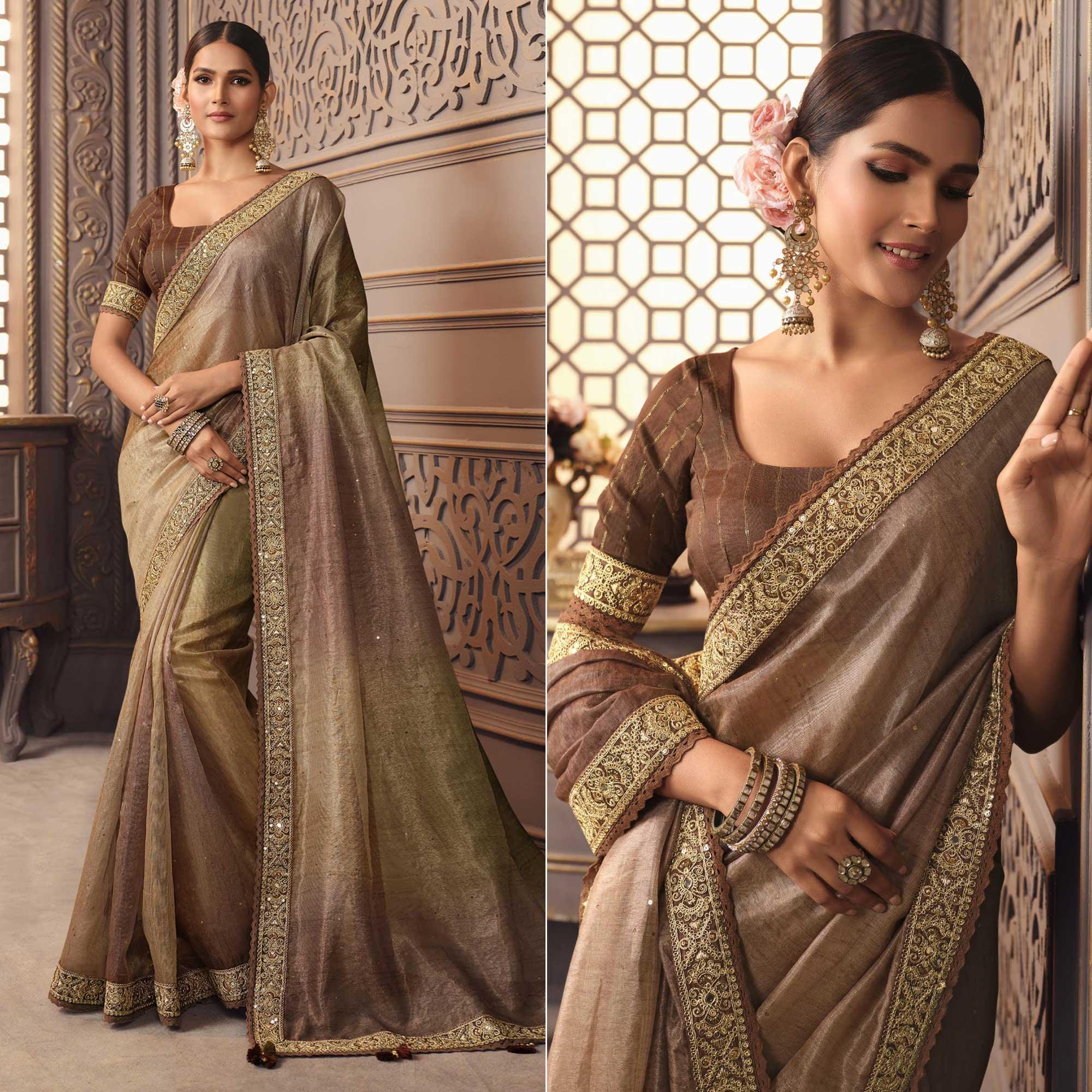 Brown Sequence Embroidered Organza Saree - Peachmode