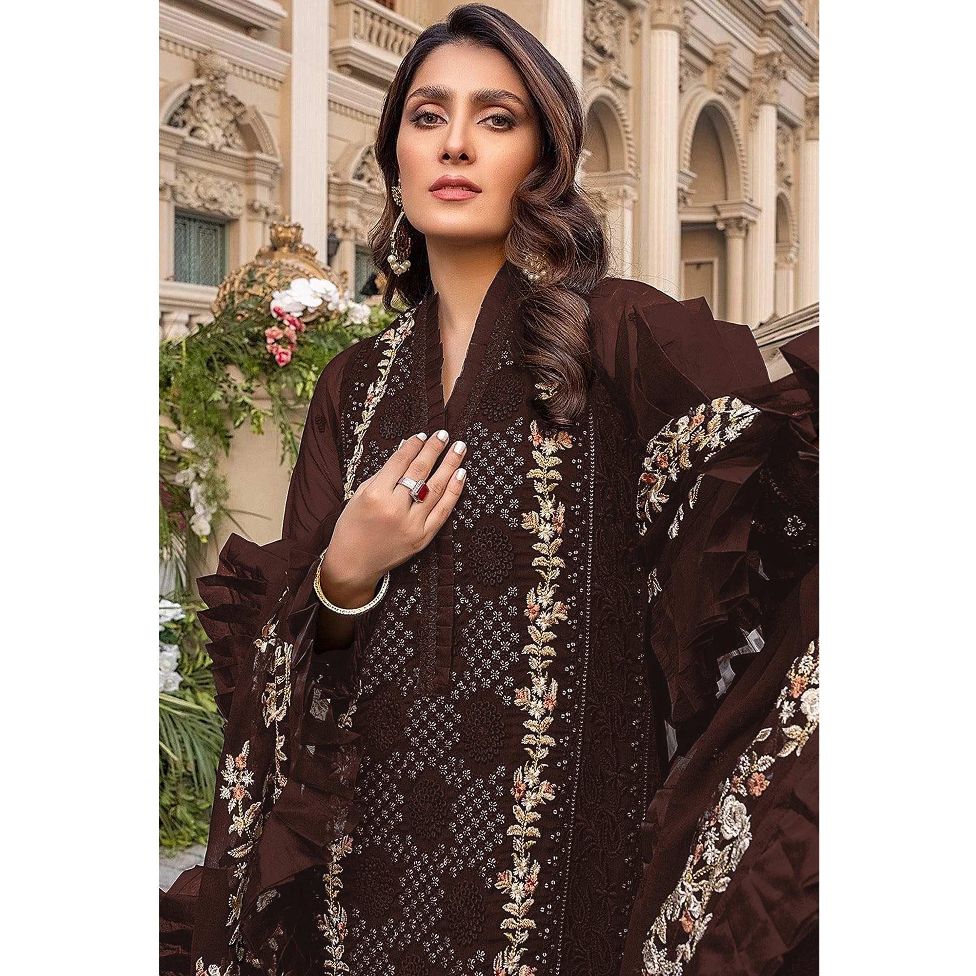 Brown Sequence With Floral Embroidered Georgette Pakistani Suit - Peachmode