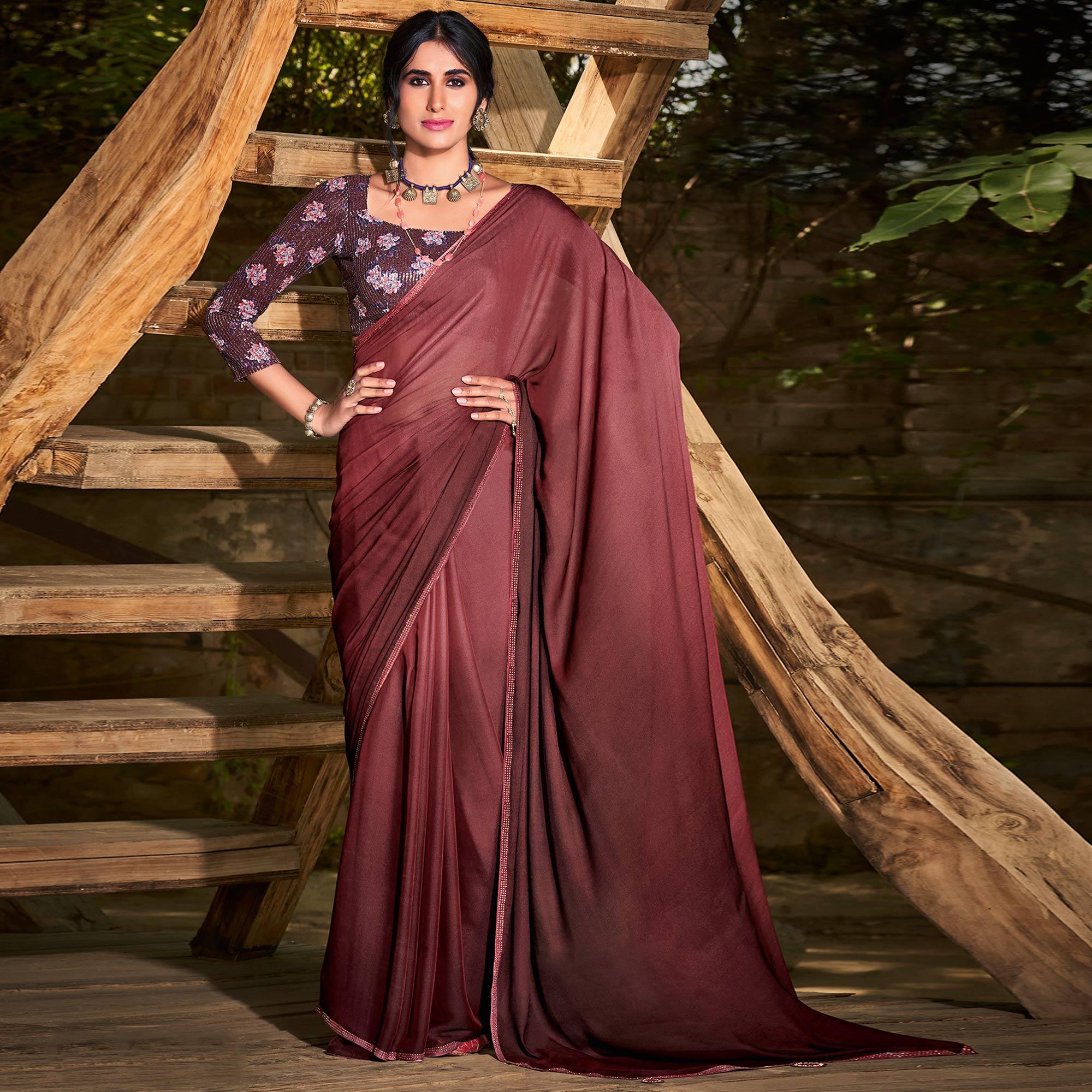 Brown Solid Chiffon Saree - Peachmode