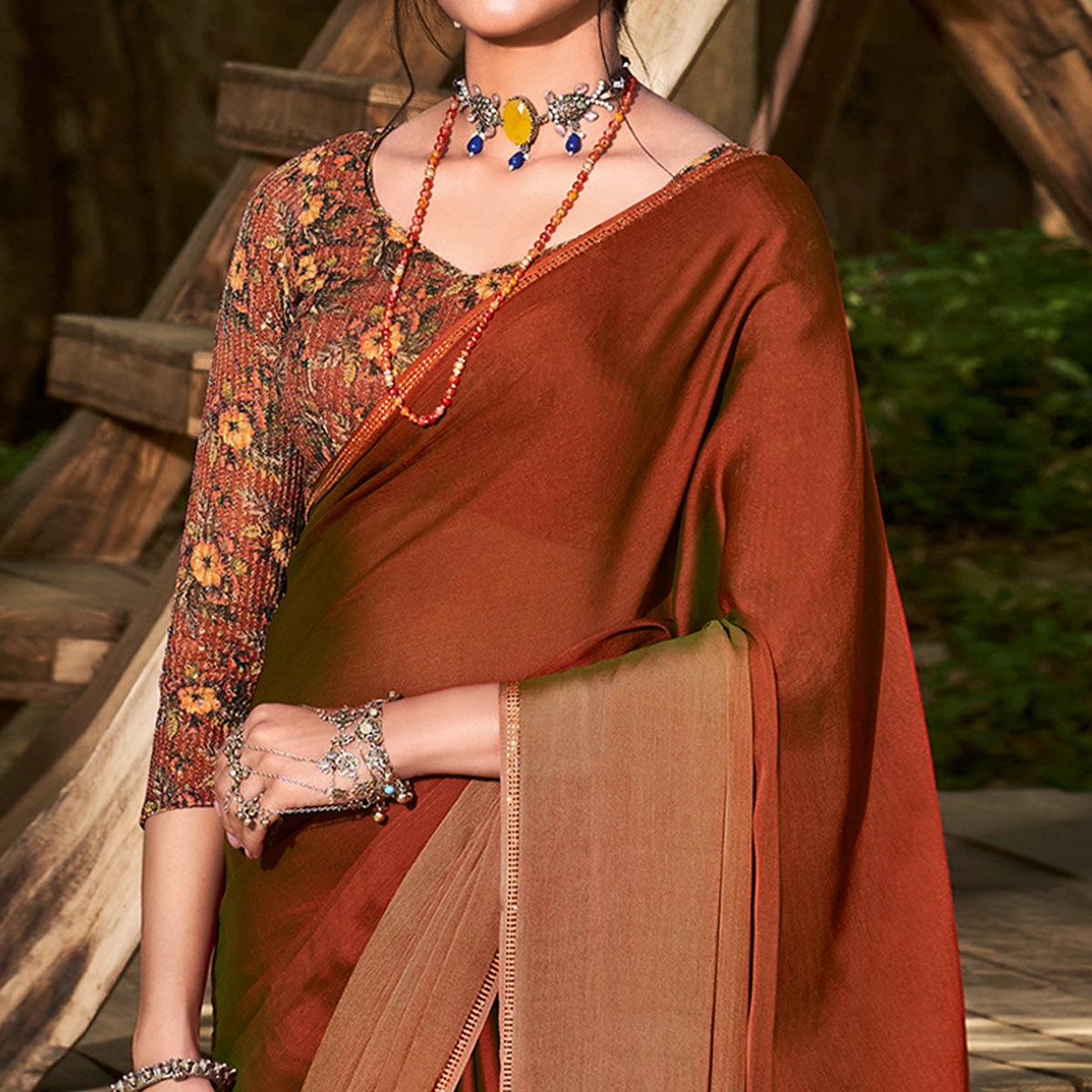 Brown Solid Chiffon Saree - Peachmode