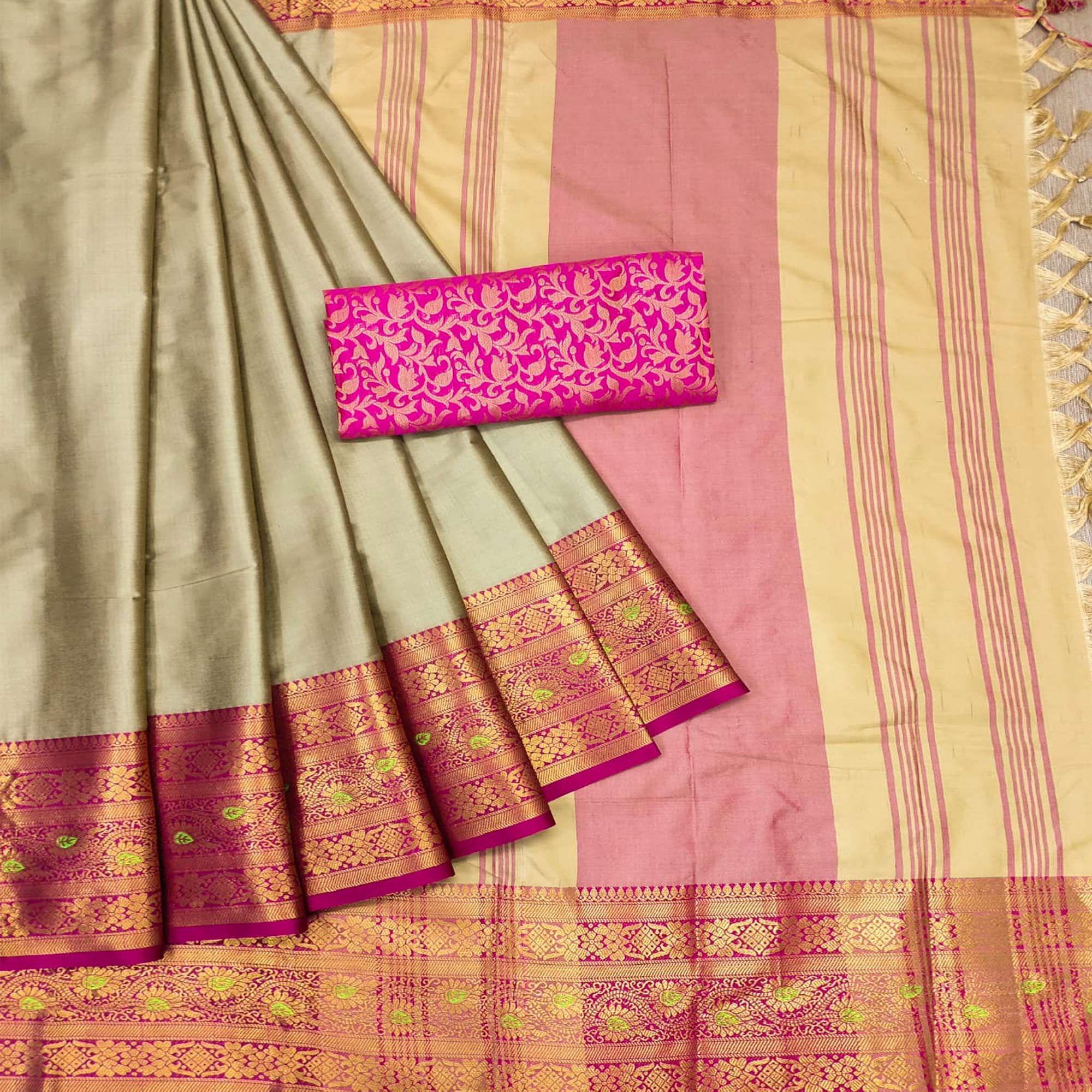 Brown Solid Cotton Silk Saree - Peachmode