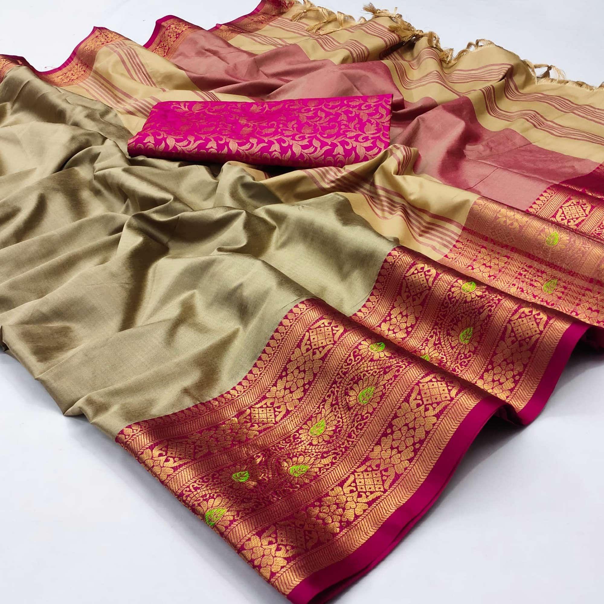 Brown Solid Cotton Silk Saree - Peachmode