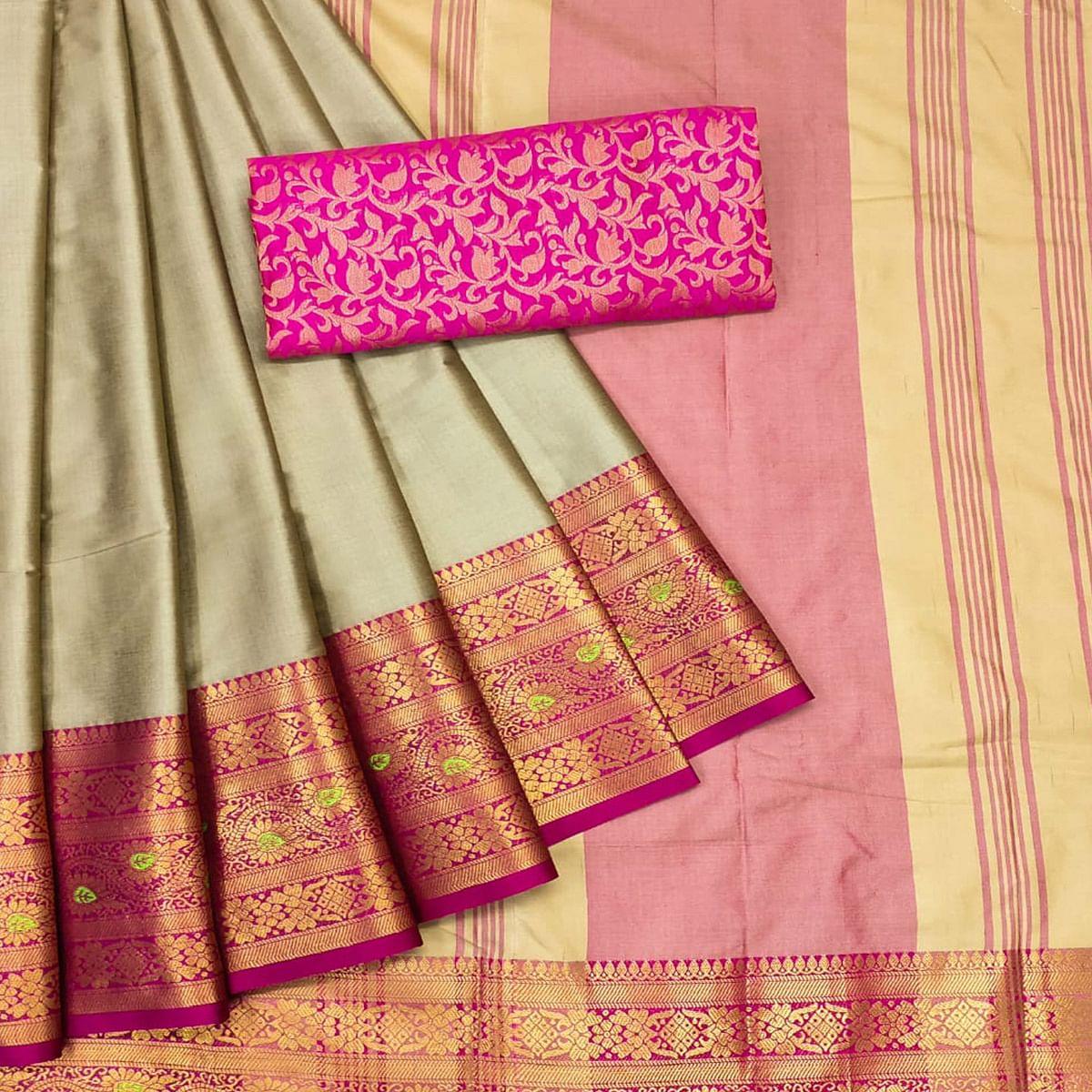 Brown Solid Cotton Silk Saree - Peachmode