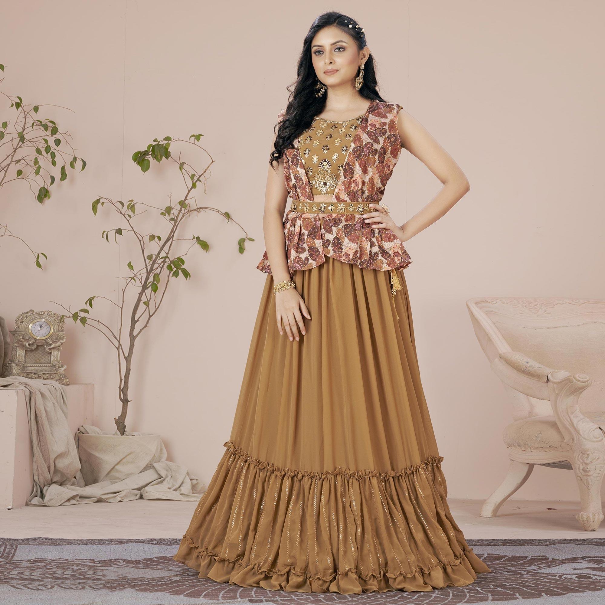 Brown Solid Georgette Lehenga Choli - Peachmode