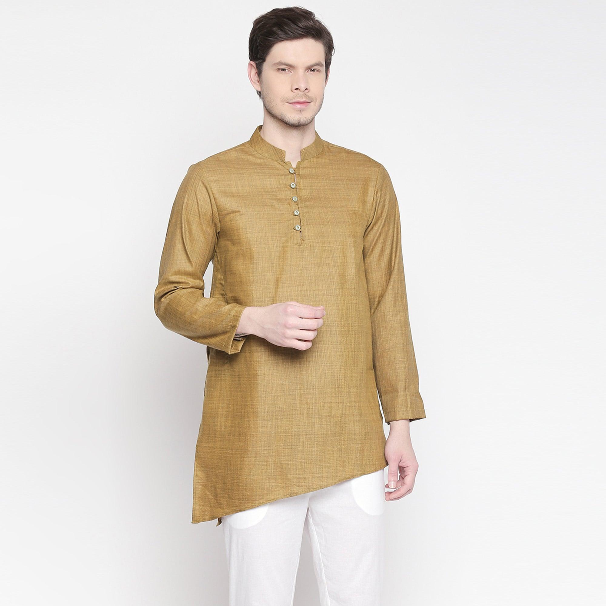 Brown Solid Pure Cotton Kurta With Asymmetric Hem - Peachmode