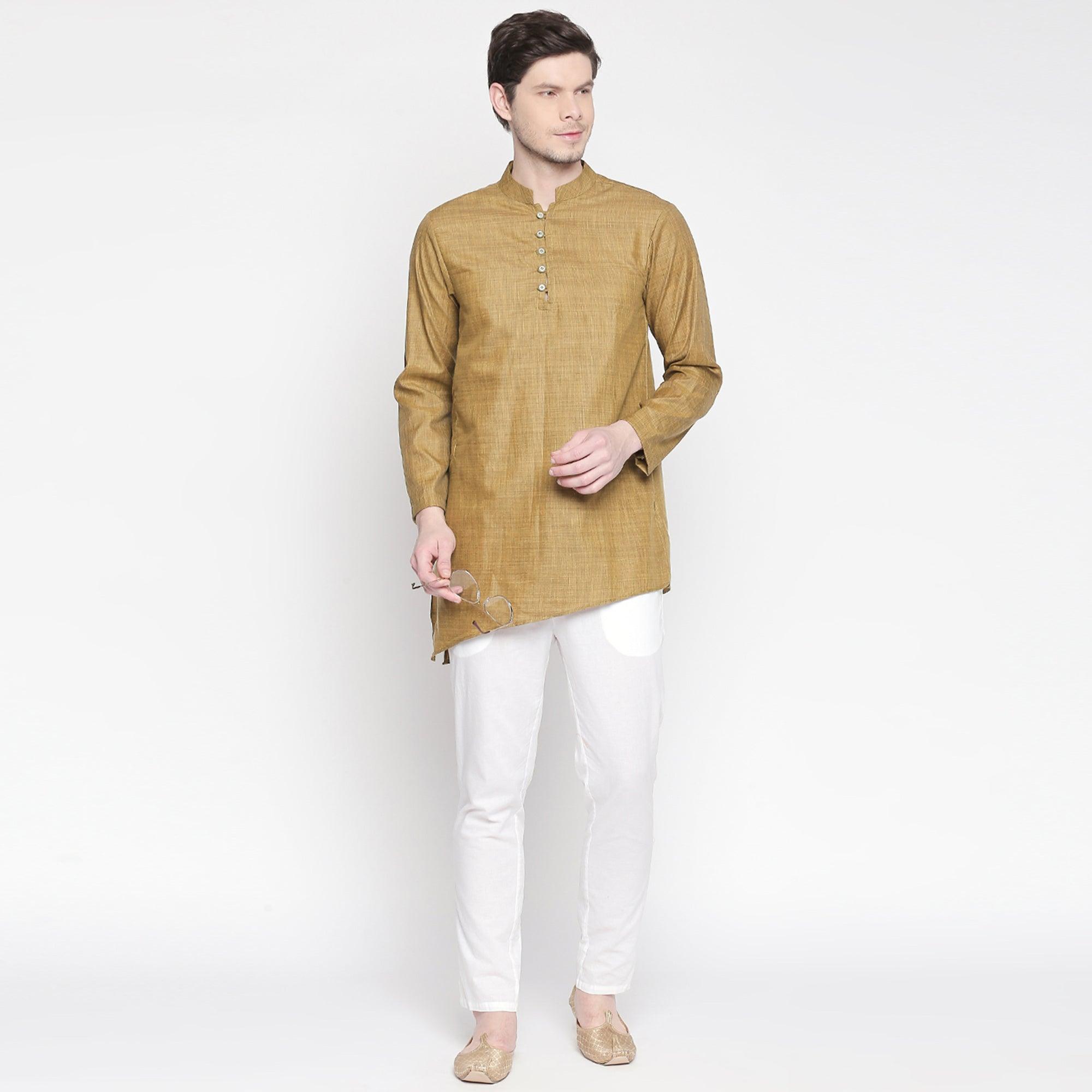 Brown Solid Pure Cotton Kurta With Asymmetric Hem - Peachmode