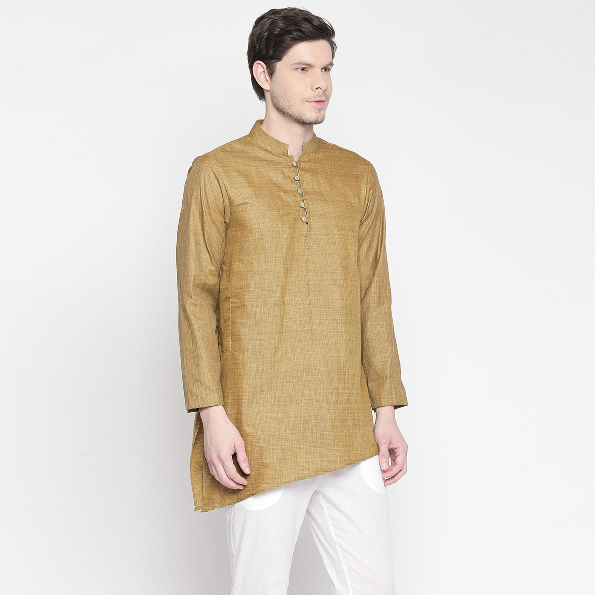 Brown Solid Pure Cotton Kurta With Asymmetric Hem - Peachmode