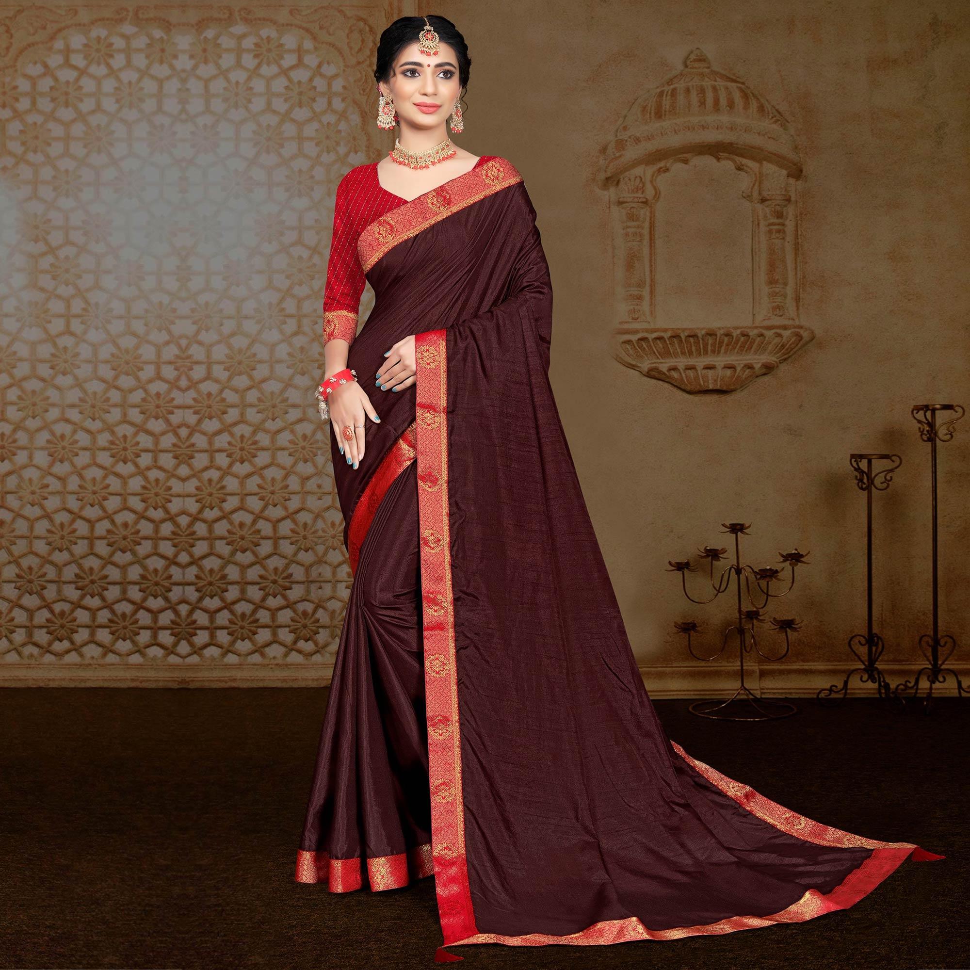 Brown Solid Vichitra Silk Saree - Peachmode