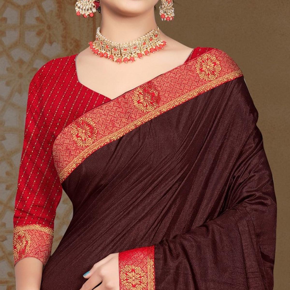 Brown Solid Vichitra Silk Saree - Peachmode