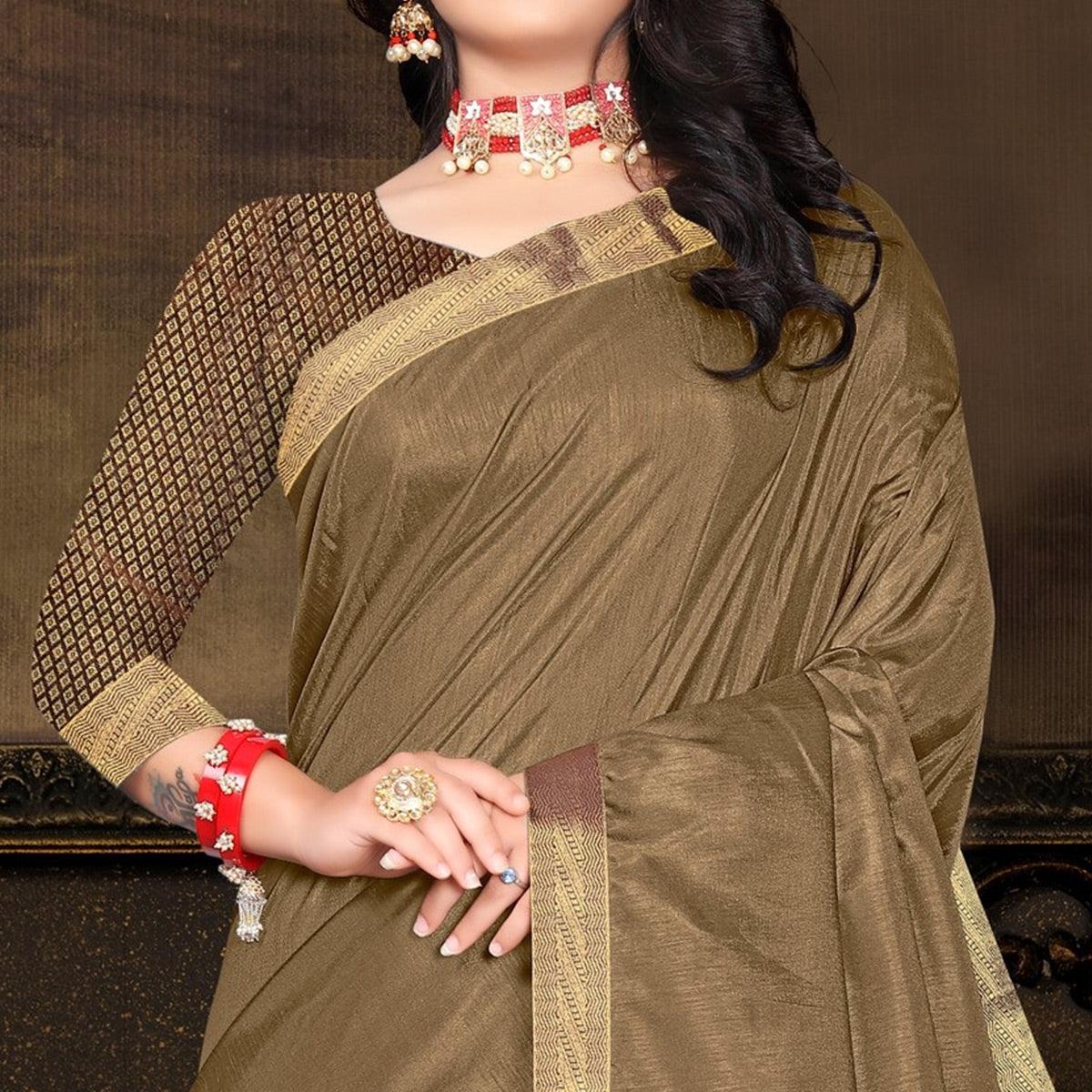 Brown Solid Vichitra Silk Saree - Peachmode