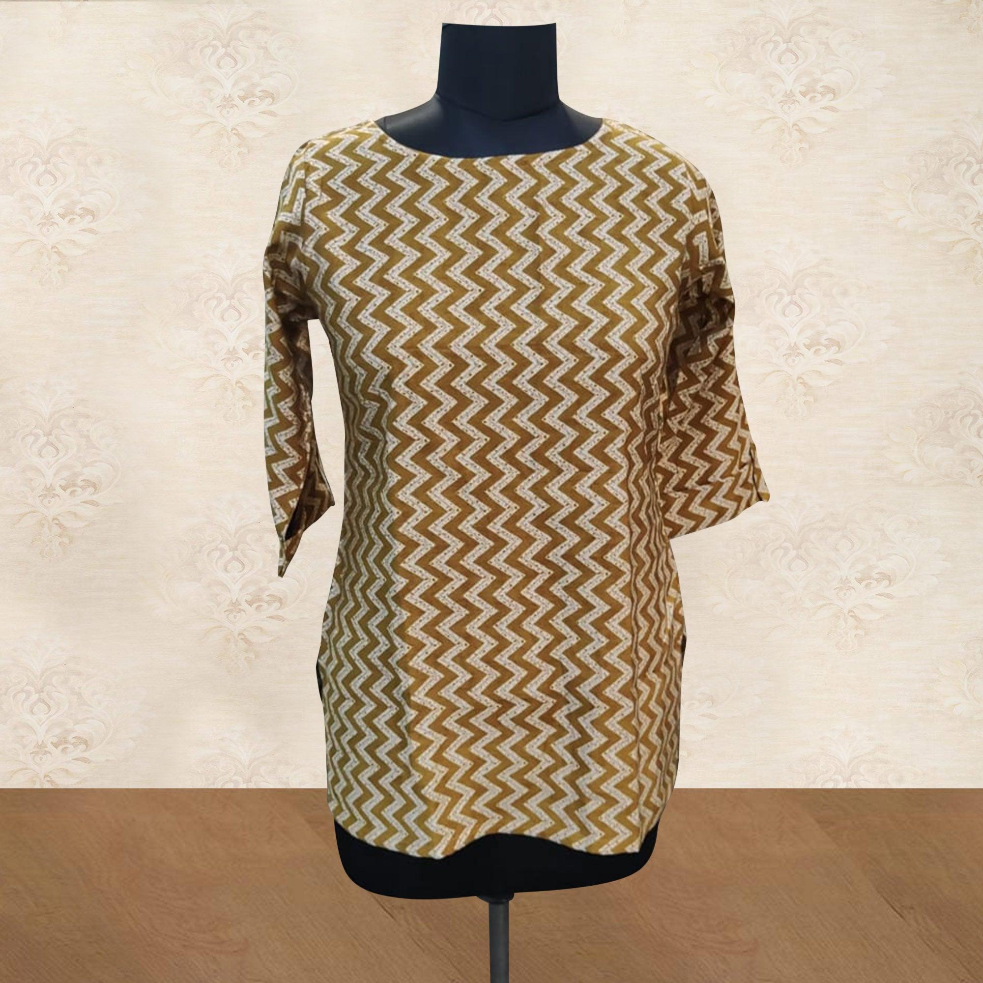 Brown Striped Printed Chanderi Top - Peachmode
