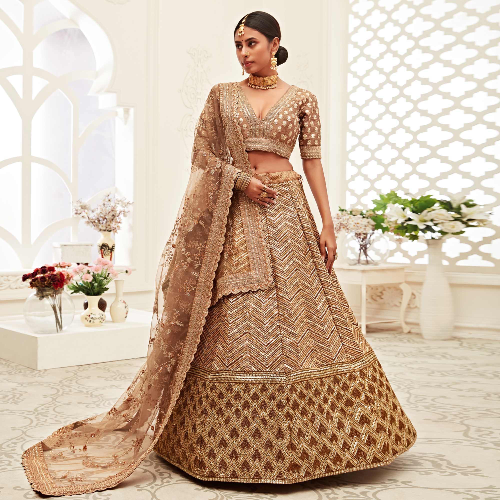 Brown Wedding Wear Floral Sequins Embroidered Slub Silk Lehenga Choli - Peachmode