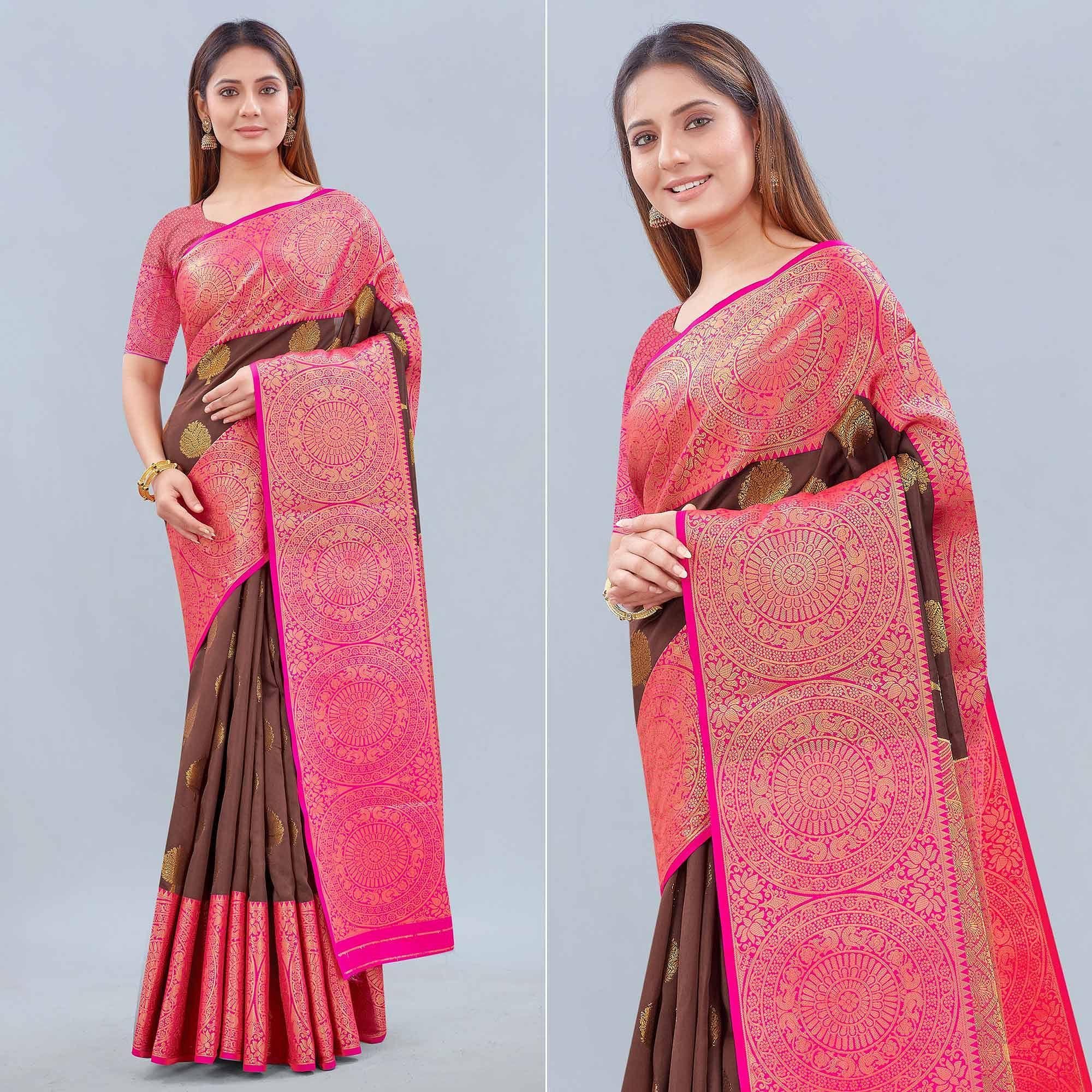 Brown Woven Banarasi Silk Saree - Peachmode