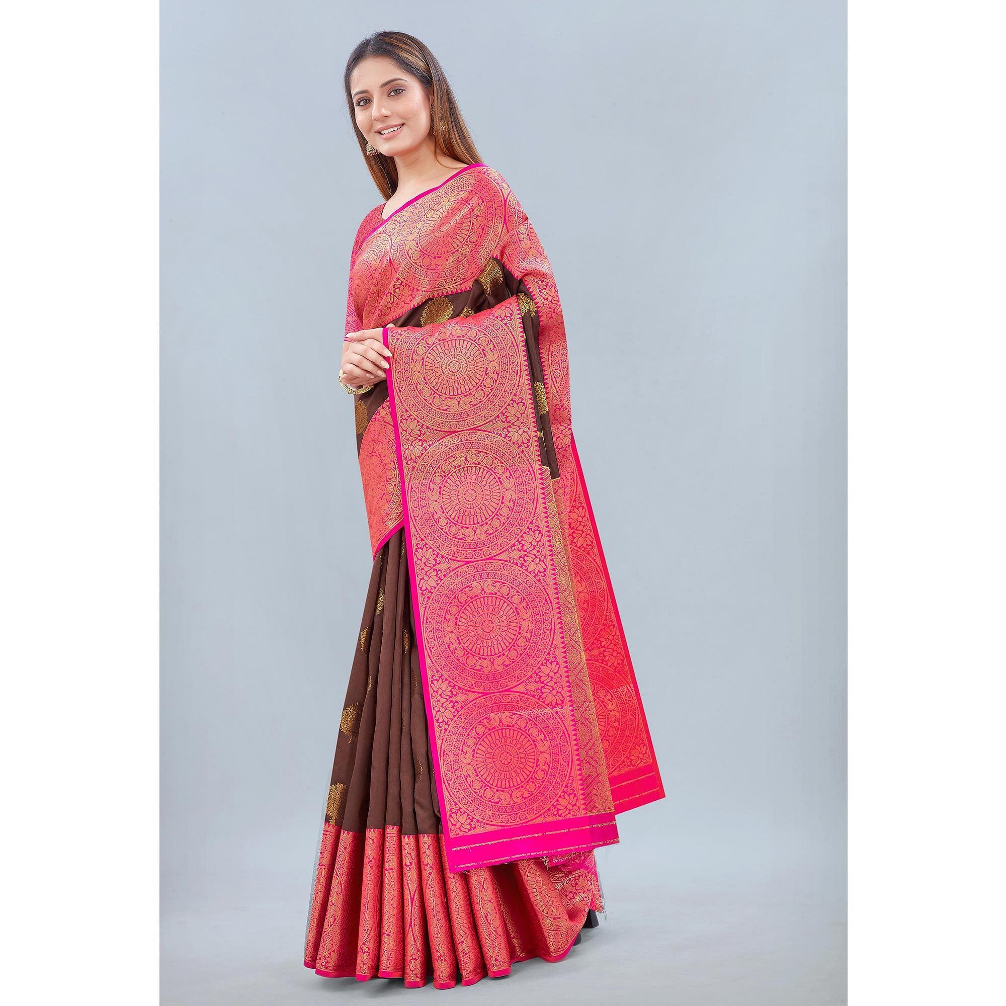 Brown Woven Banarasi Silk Saree - Peachmode