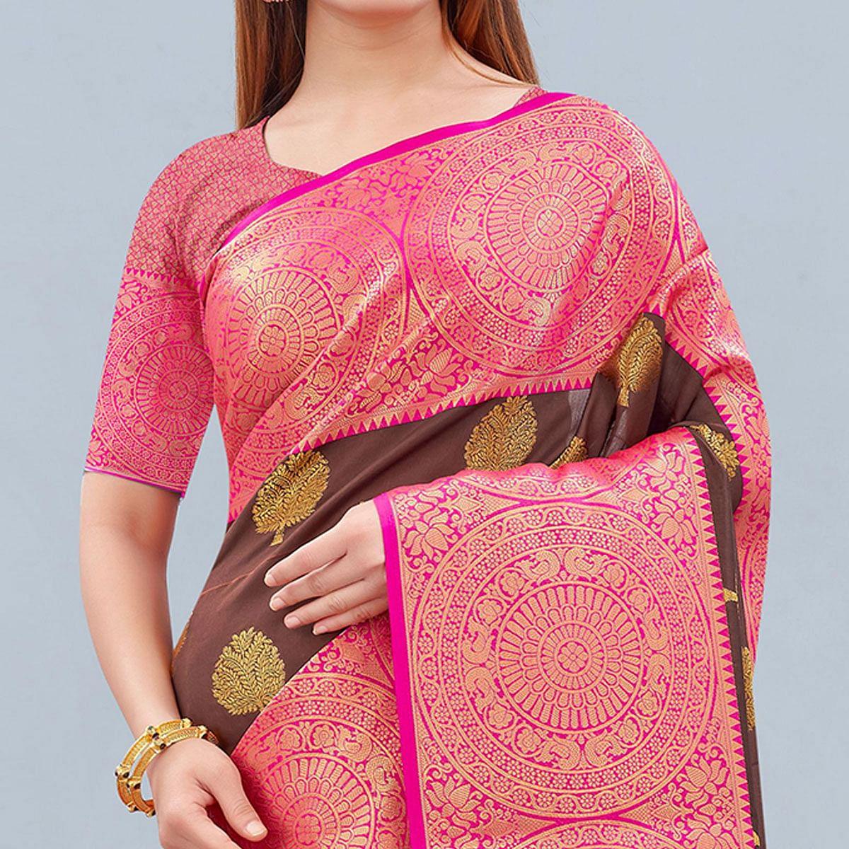 Brown Woven Banarasi Silk Saree - Peachmode