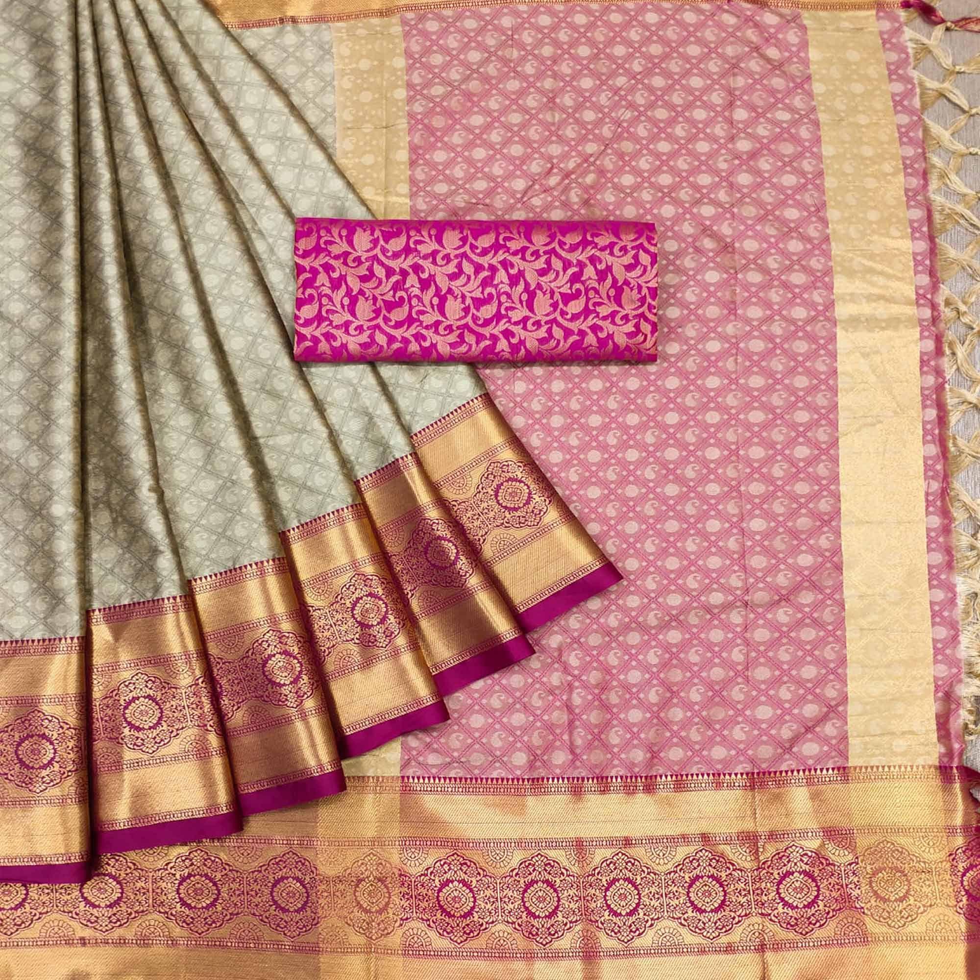 Brown Woven Cotton Silk Saree - Peachmode