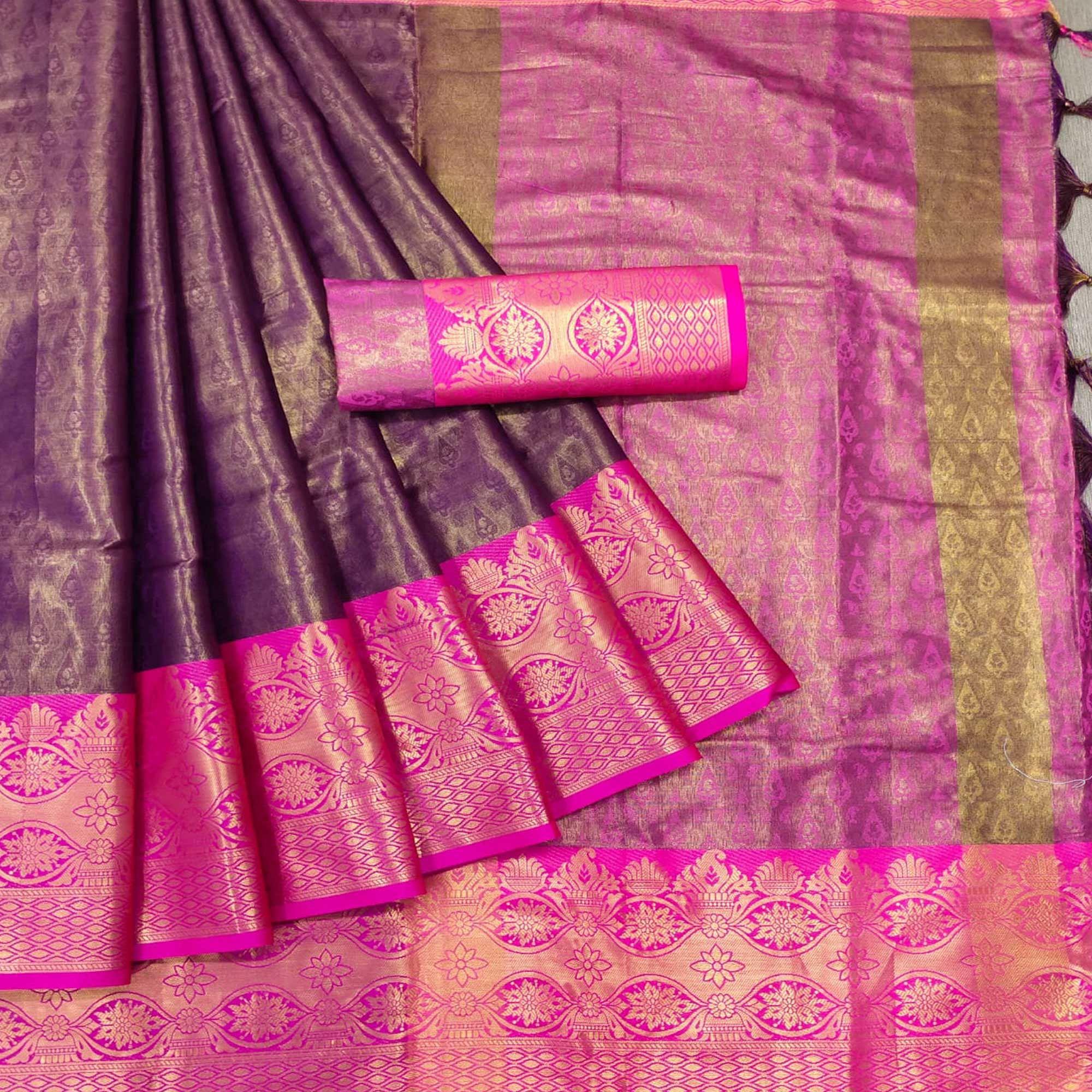Brown Woven Cotton Silk Saree - Peachmode