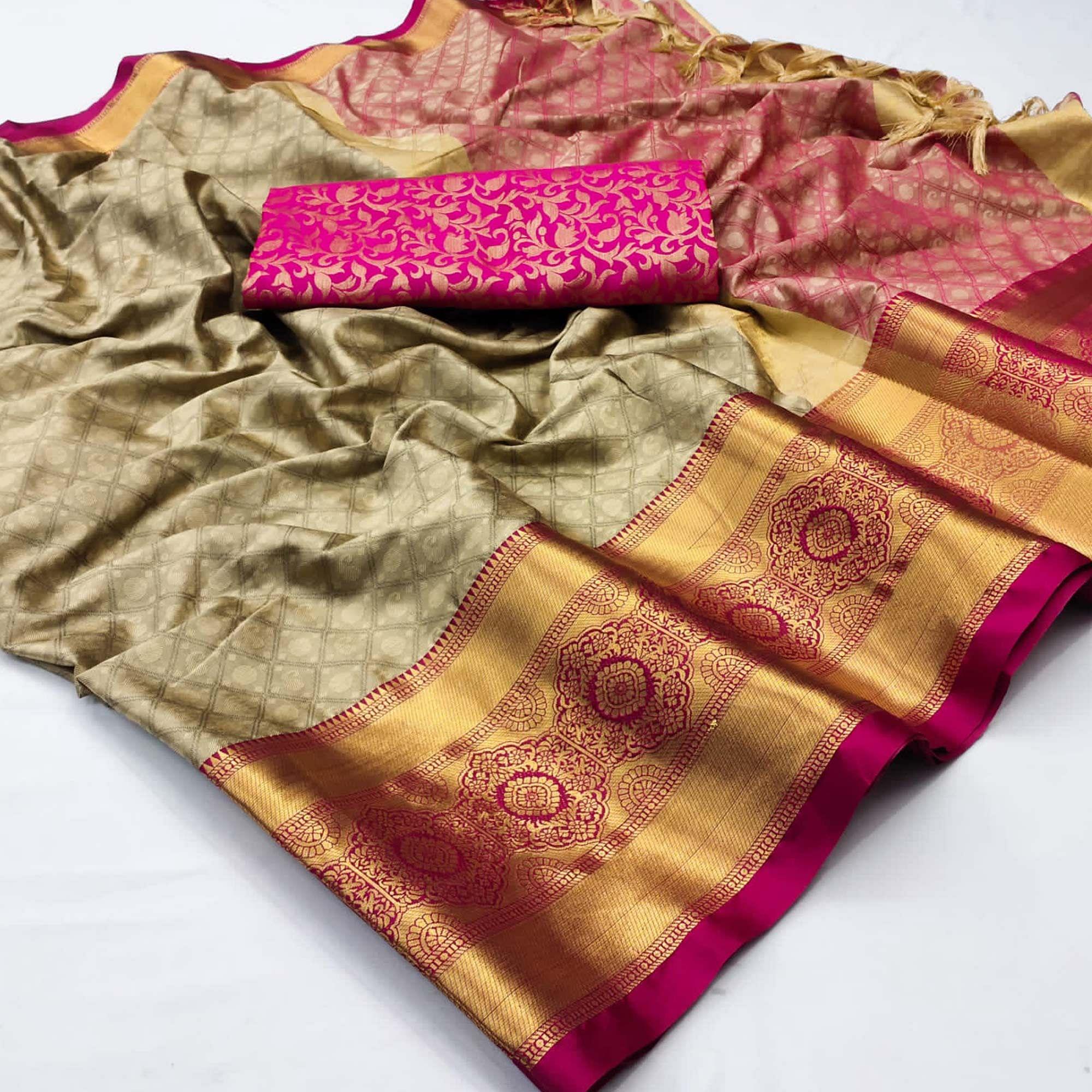 Brown Woven Cotton Silk Saree - Peachmode