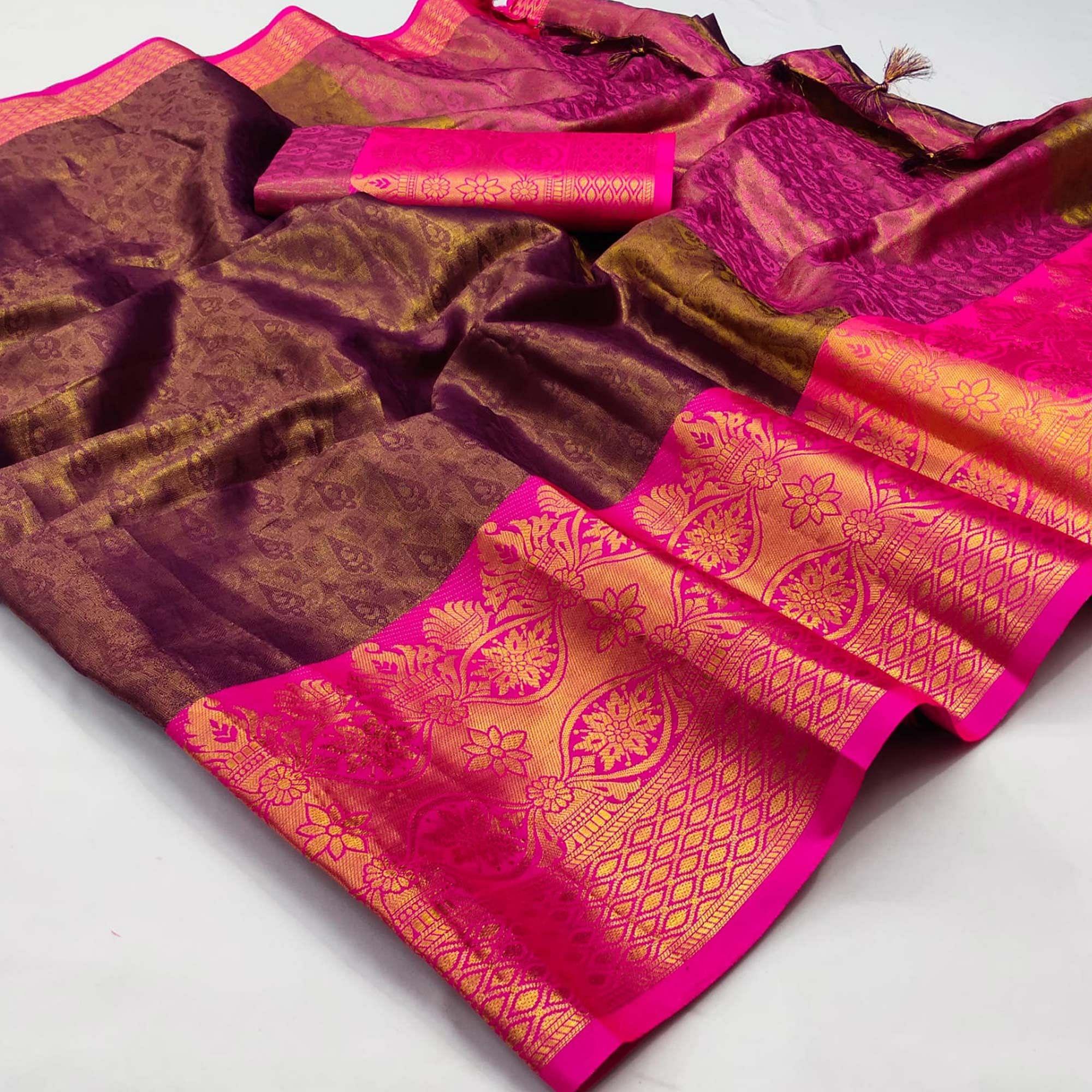 Brown Woven Cotton Silk Saree - Peachmode