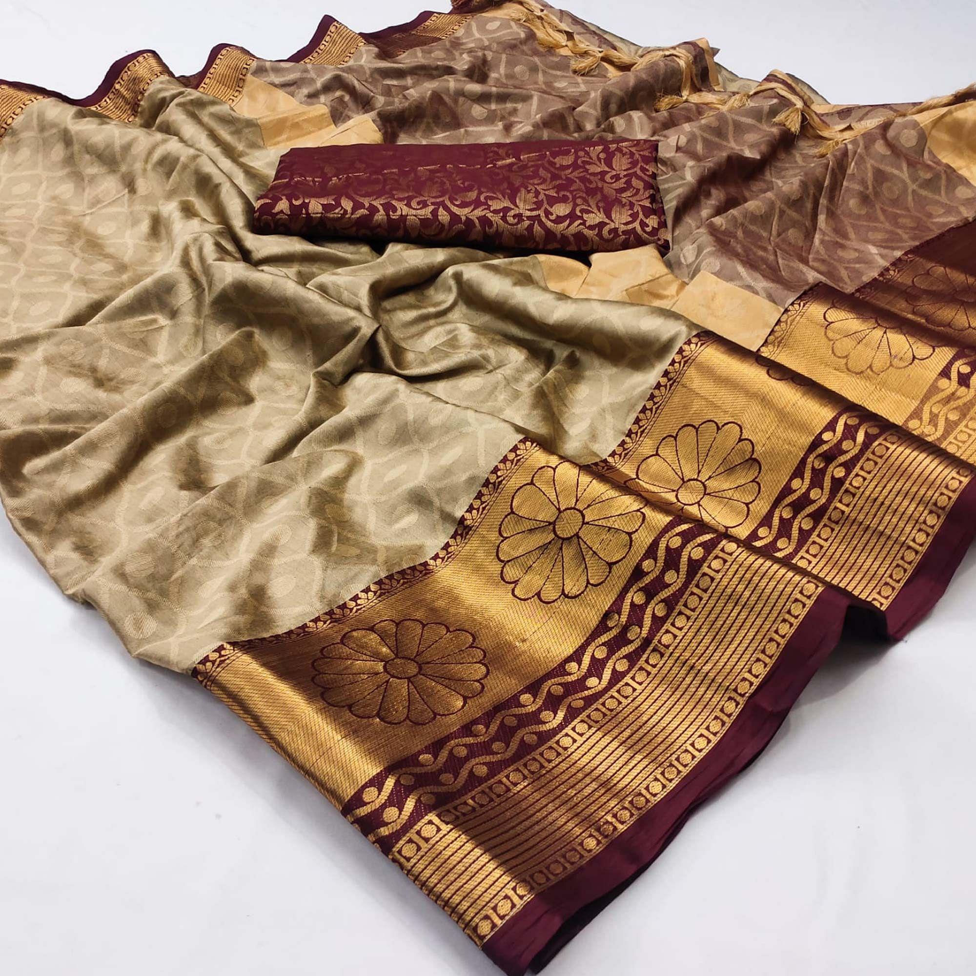 Brown Woven Cotton Silk Saree - Peachmode