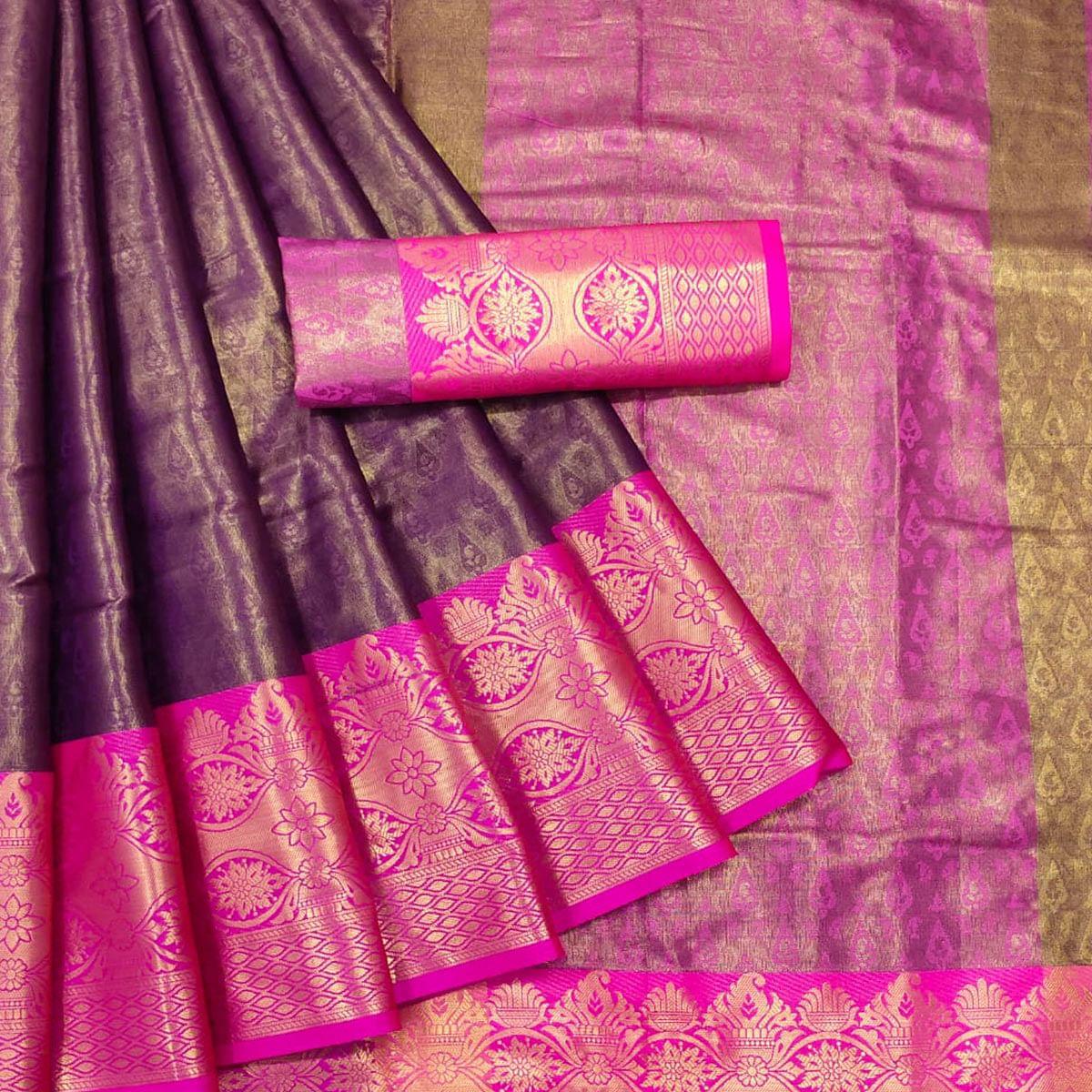 Brown Woven Cotton Silk Saree - Peachmode