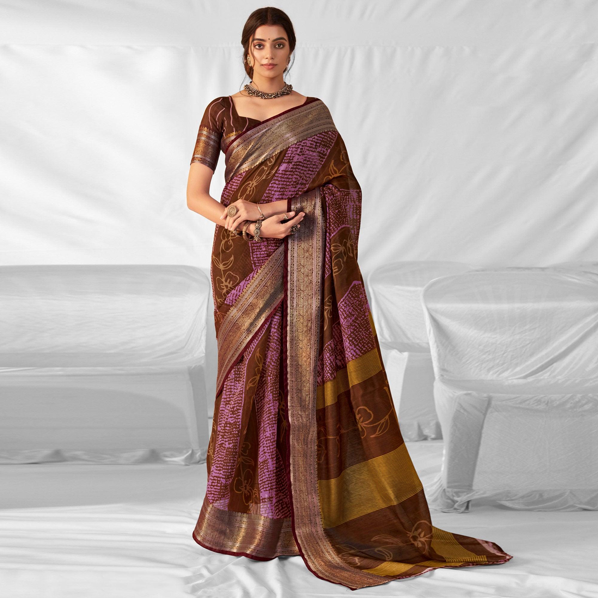 Brown Woven-Printed Chanderi Saree - Peachmode