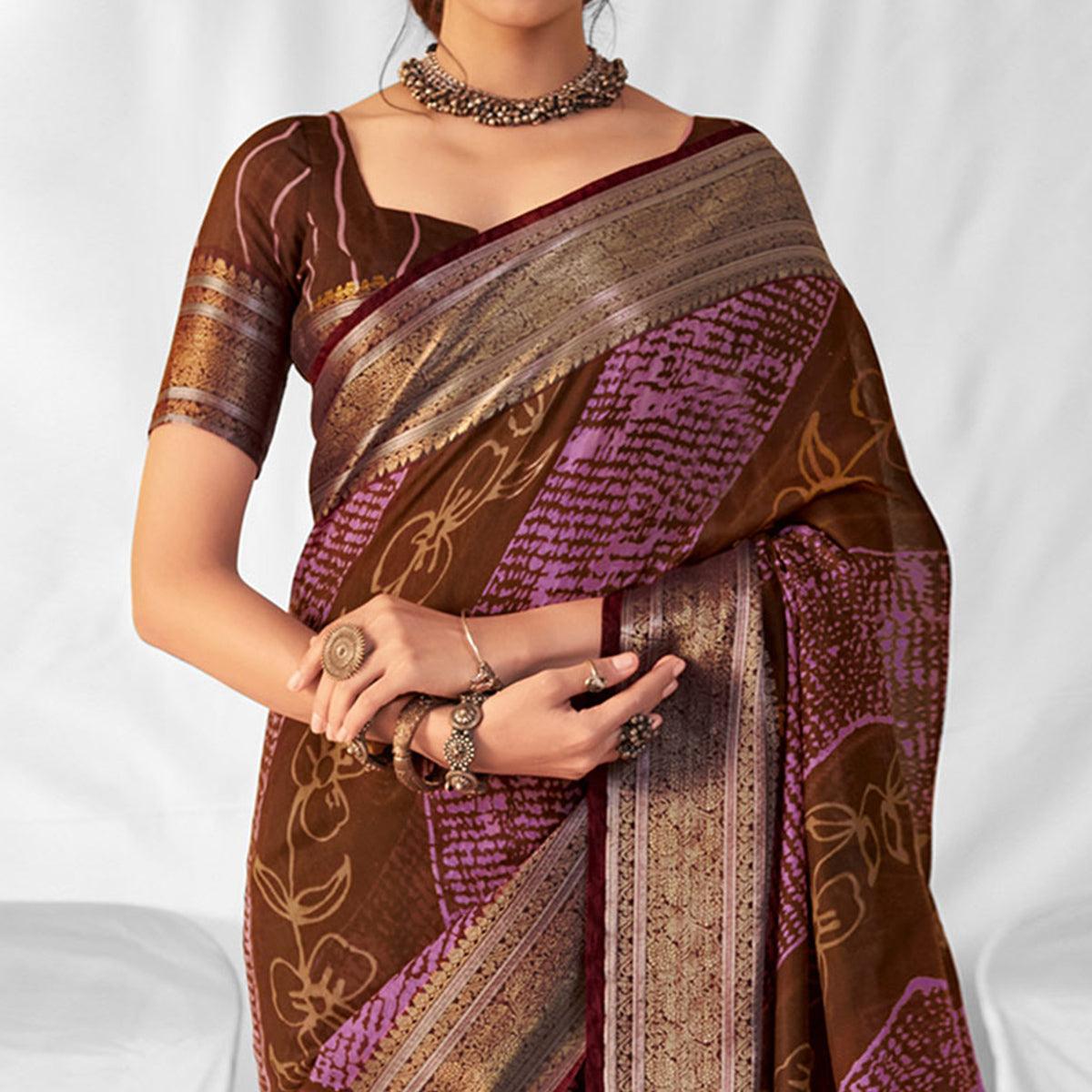 Brown Woven-Printed Chanderi Saree - Peachmode
