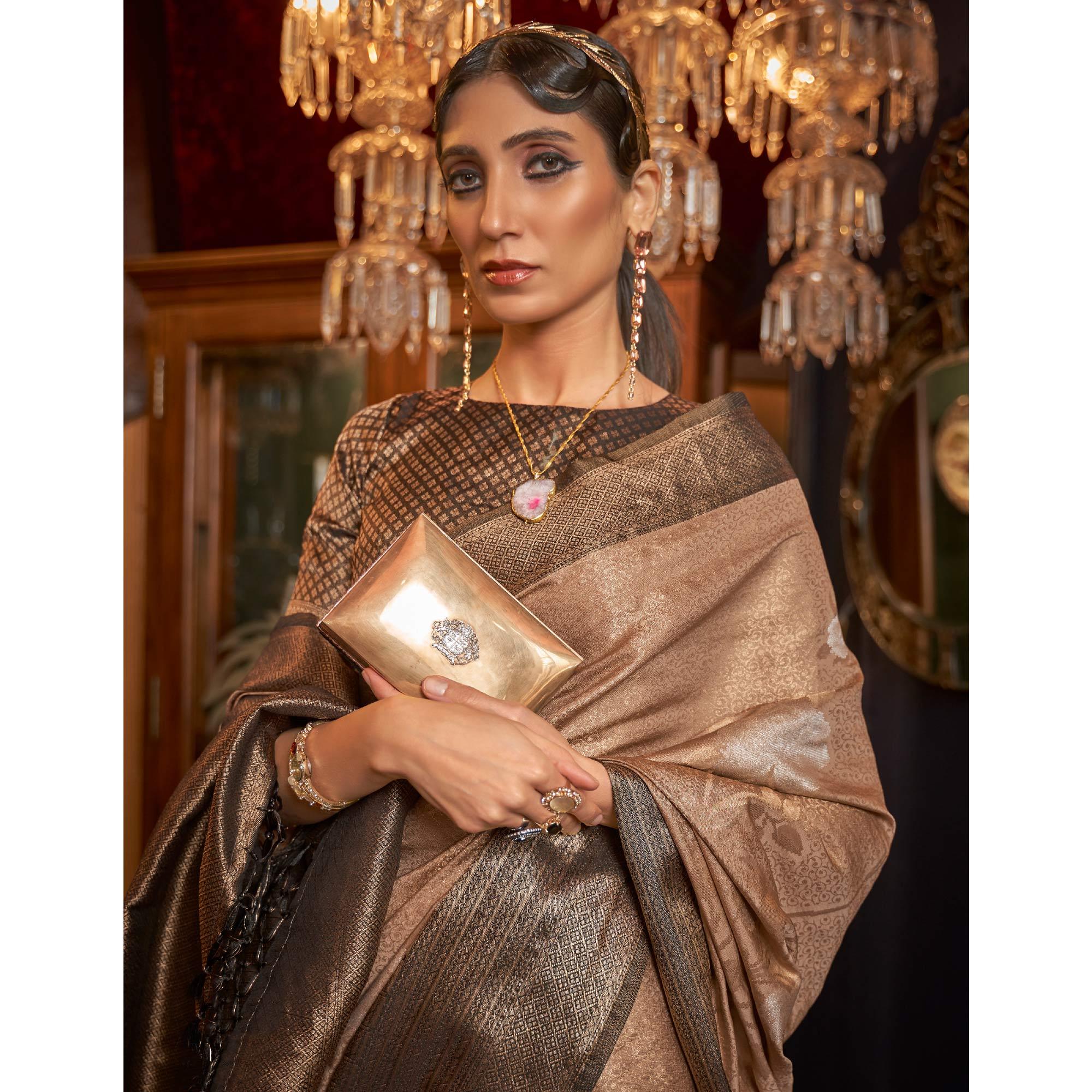 Brown Woven Pure Silk Saree With Tassels - Peachmode