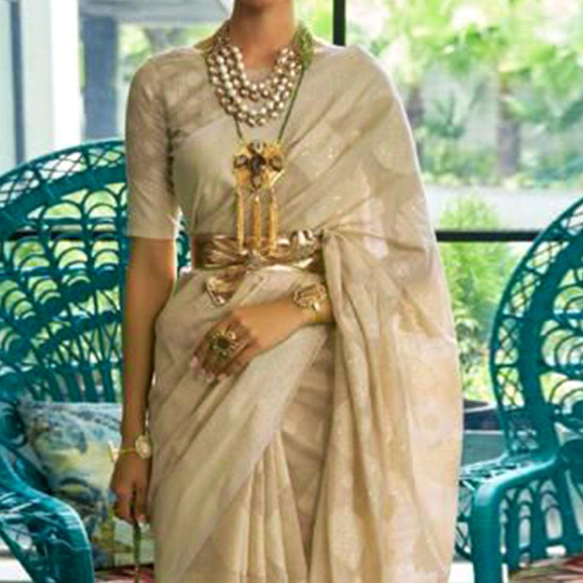 Brown Woven-Sequence Handloom Silk Saree - Peachmode