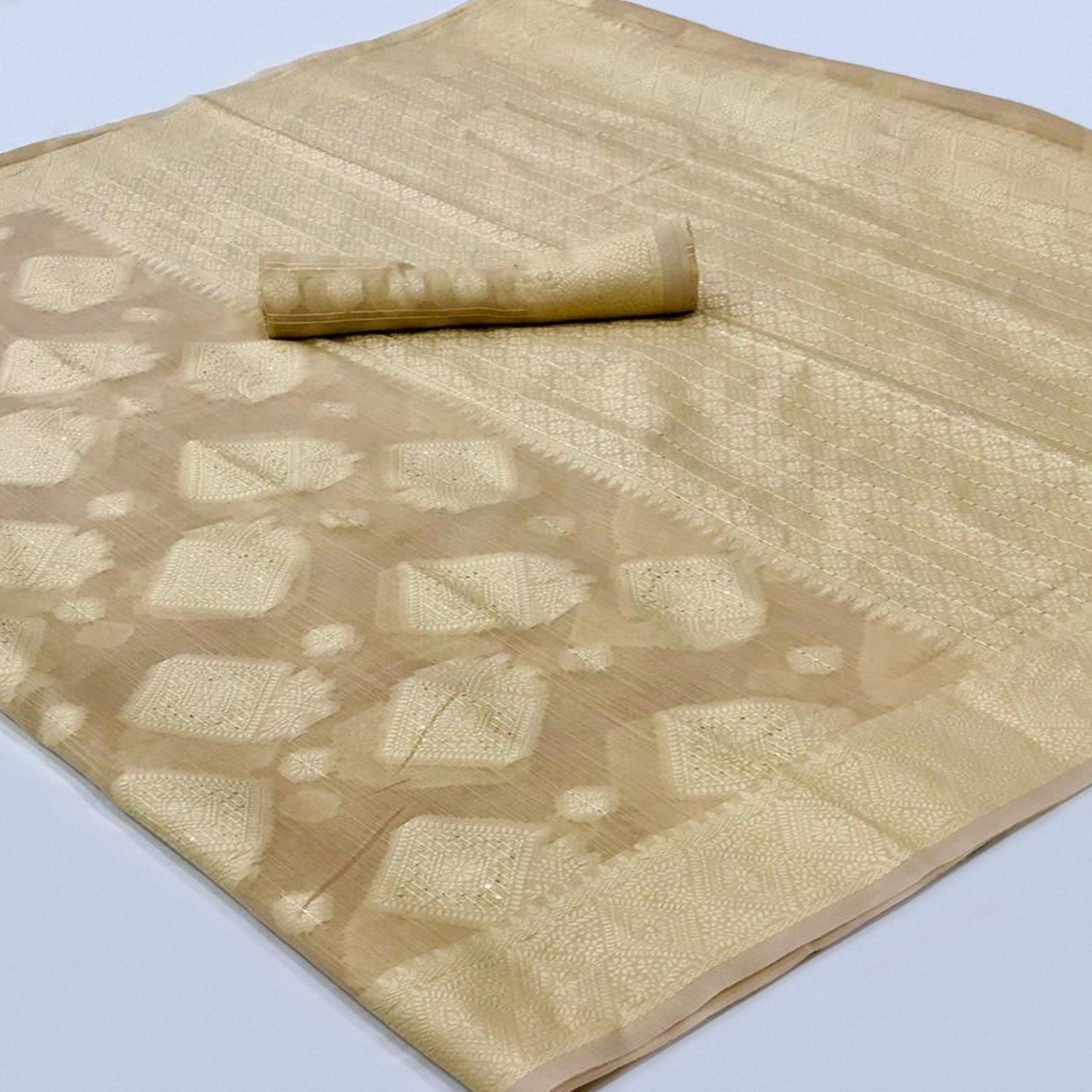 Brown Woven-Sequence Handloom Silk Saree - Peachmode