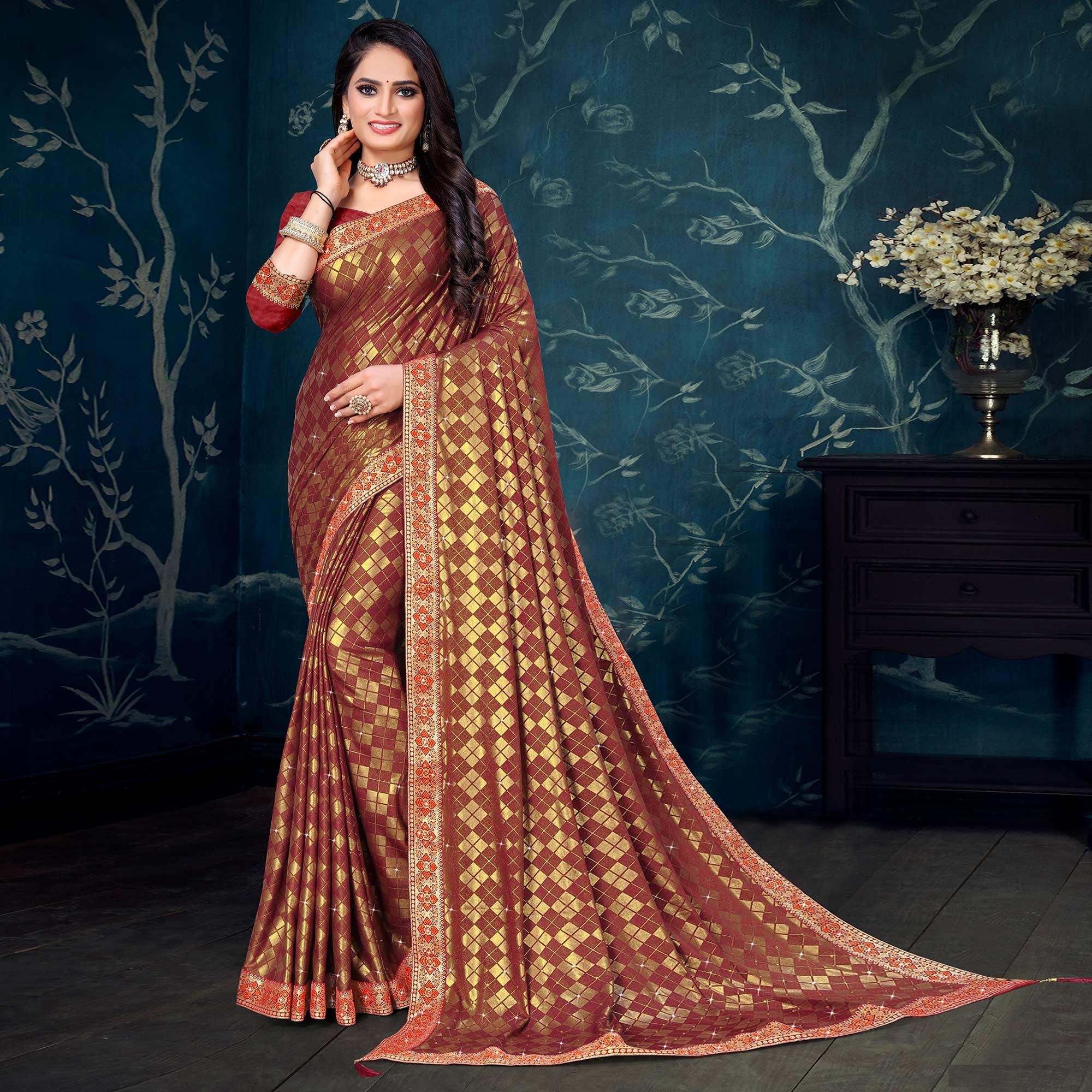 Brown Woven With Diamond Work Art Silk Saree - Peachmode