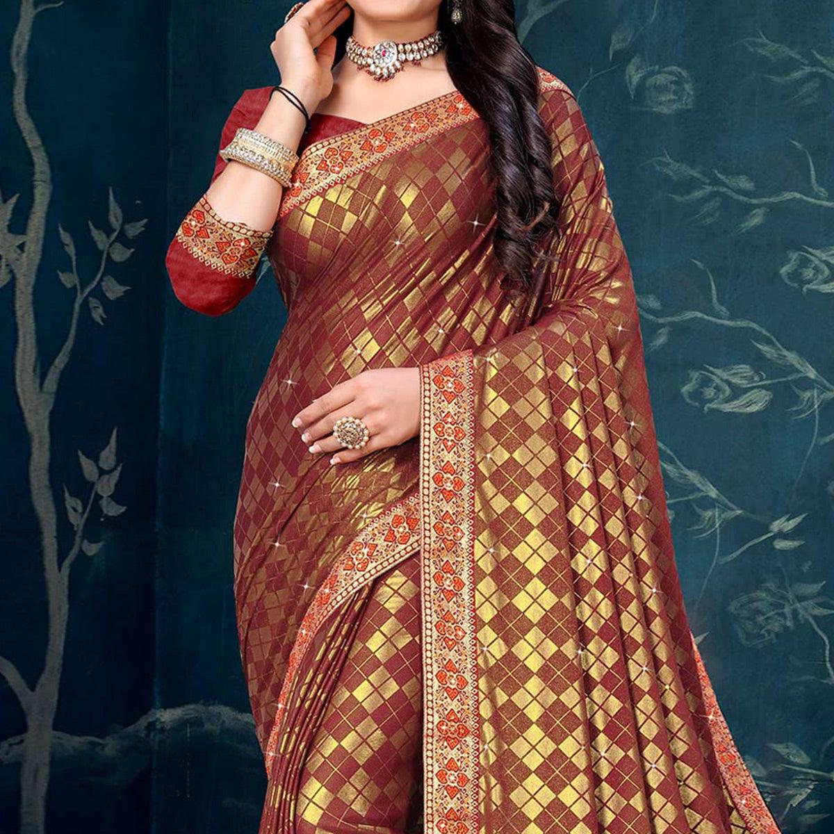 Brown Woven With Diamond Work Art Silk Saree - Peachmode