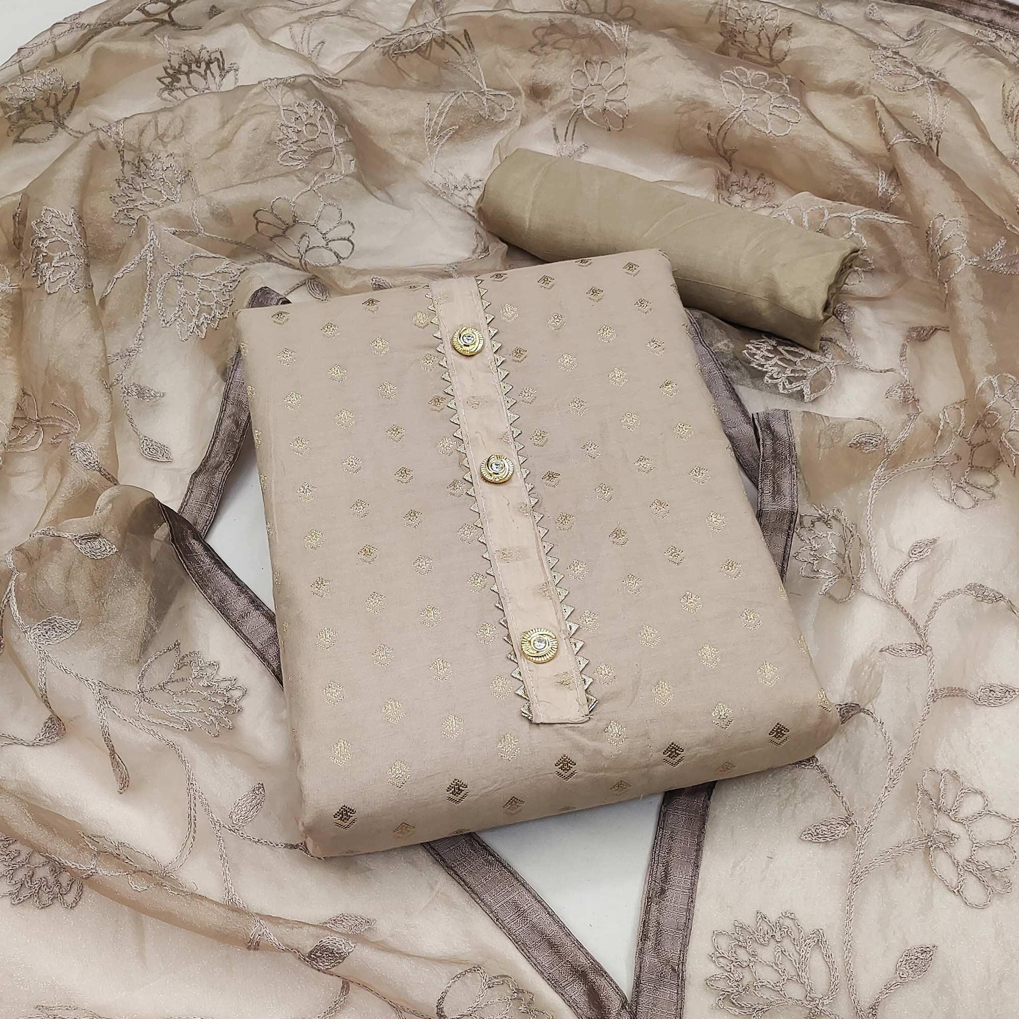 Brown Woven With Gota Work Cotton Blend Dress Material - Peachmode