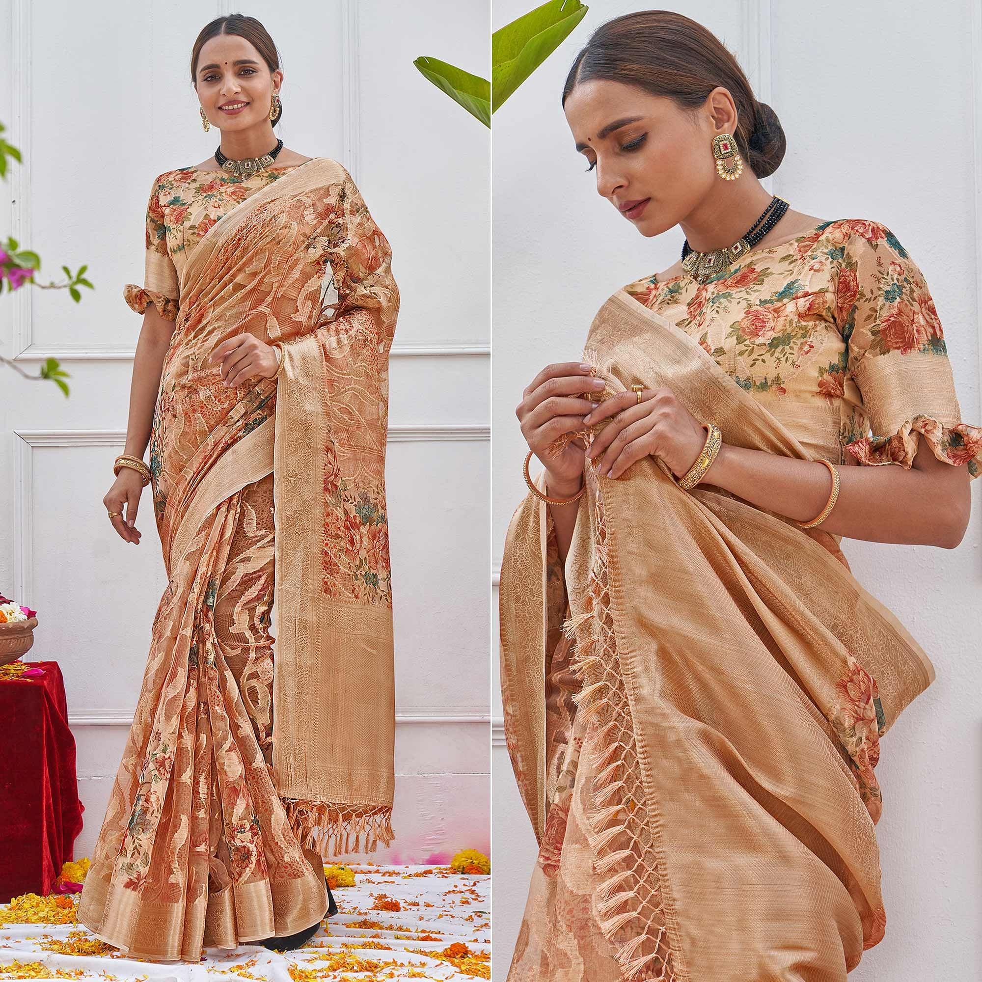 Brown Woven With Printed Organza Saree - Peachmode
