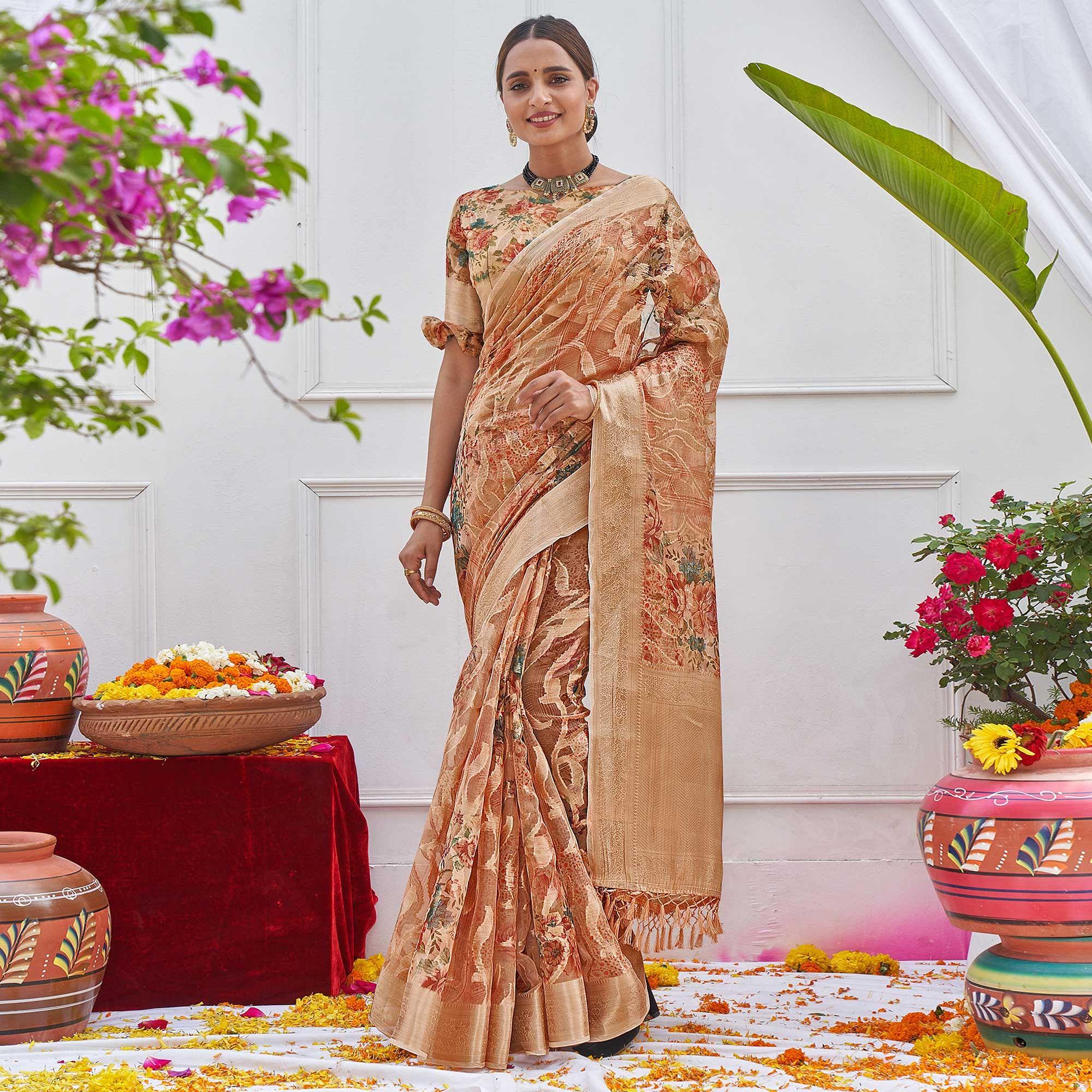 Brown Woven With Printed Organza Saree - Peachmode