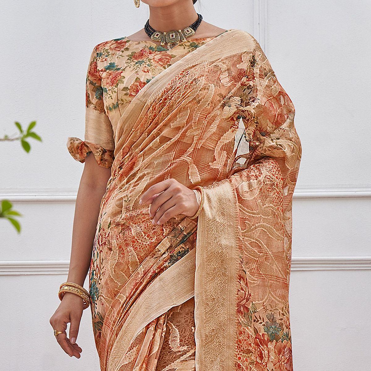 Brown Woven With Printed Organza Saree - Peachmode