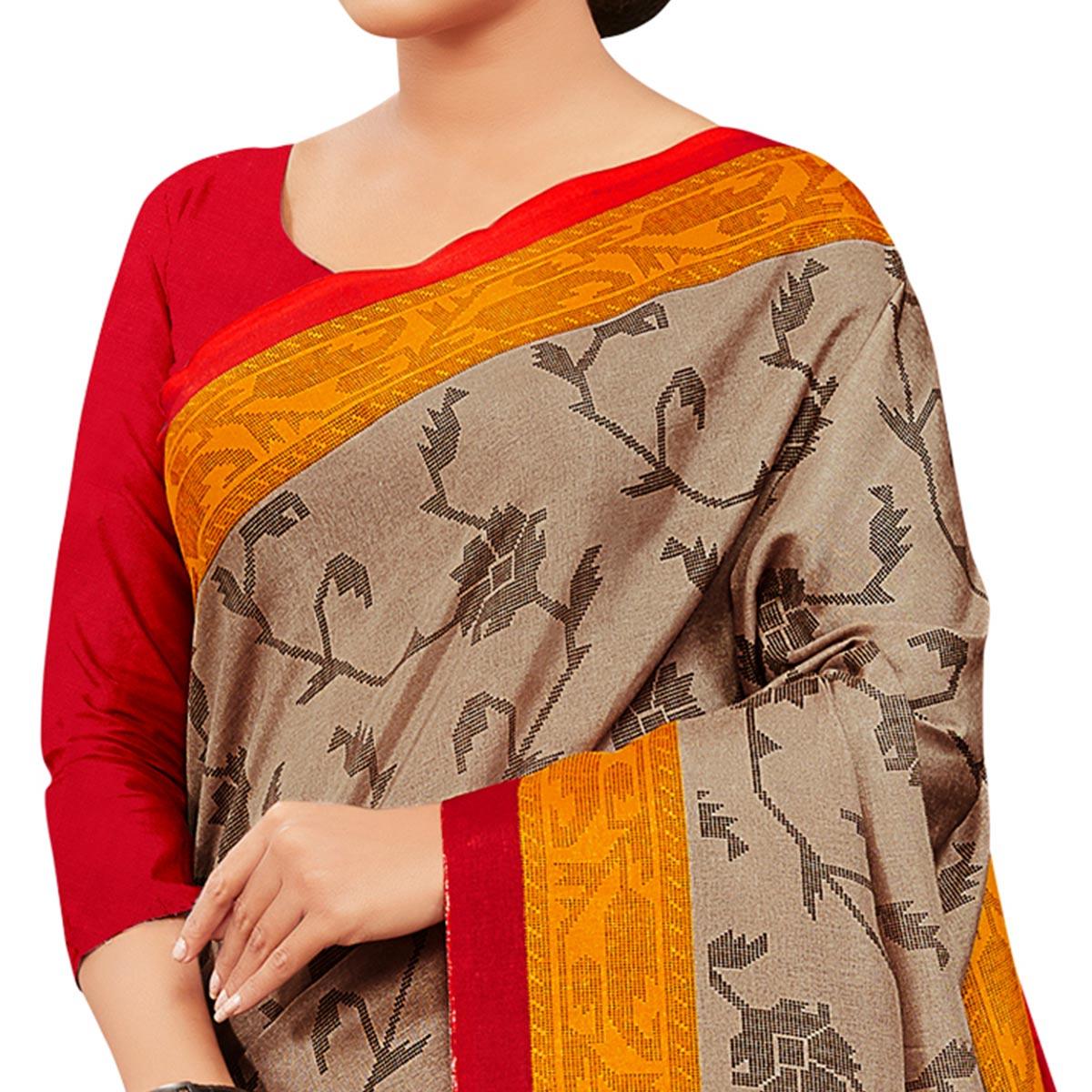 Brown-Yellow Casual Wear Printed Manipuri Silk Saree - Peachmode