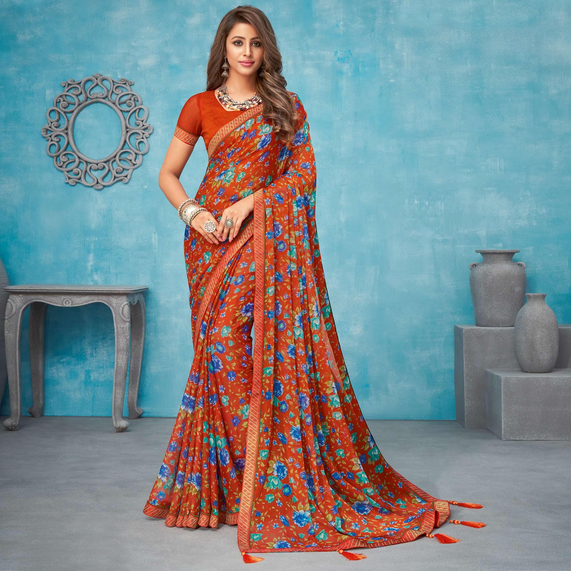 Burgundy Casual Wear Floral Printed Chiffon Saree - Peachmode