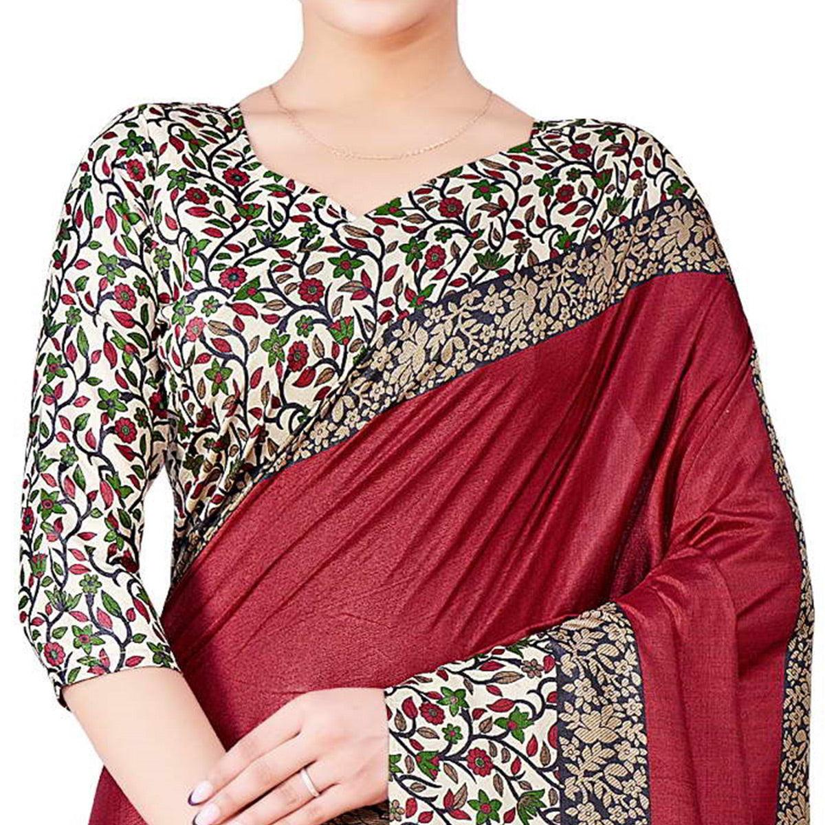 Burgundy Casual Wear Printed Art Silk Saree - Peachmode