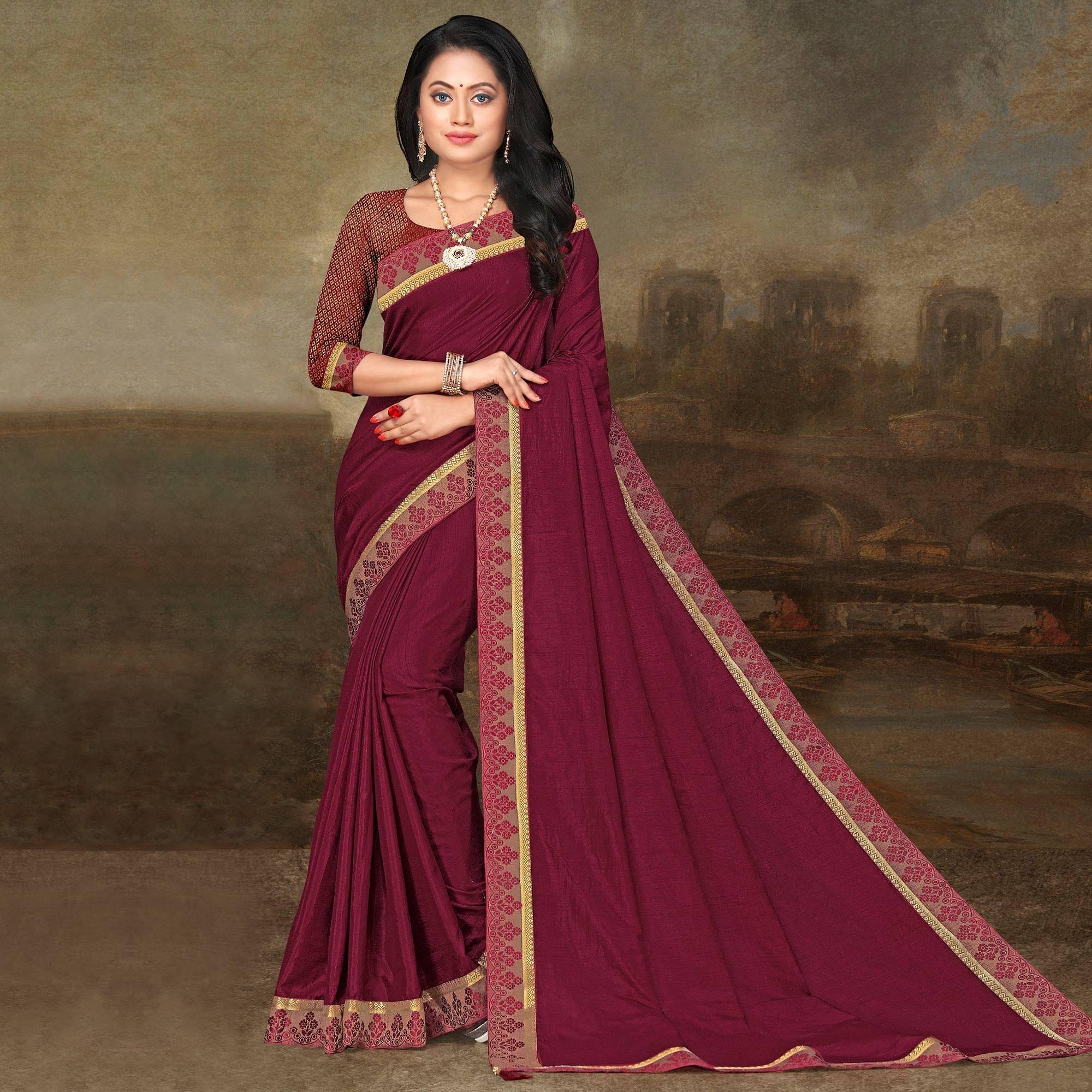 Burgundy Festive Wear Lace Work Silk Saree - Peachmode