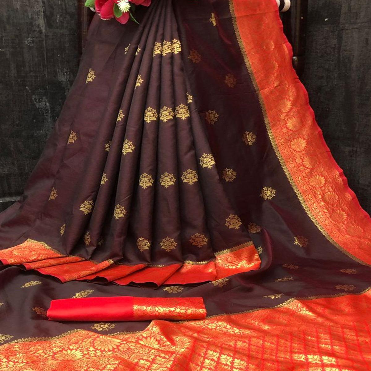 Burgundy Festive Wear Woven Soft Litchi Silk Saree - Peachmode