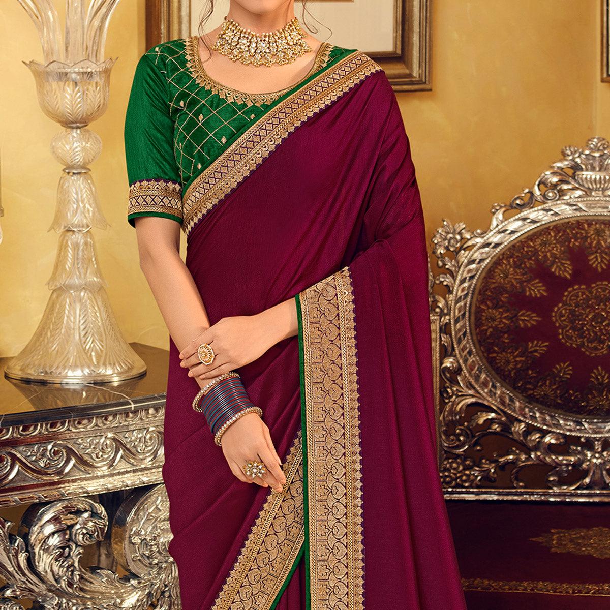 Burgundy Partywear Embroidered Silk Saree - Peachmode