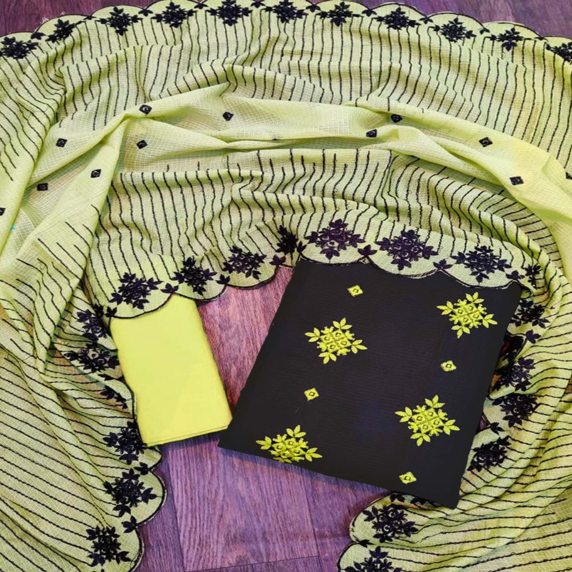 Capricious Black - Green Colored Casual Wear Embroidered Kota Chex Dress Material - Peachmode