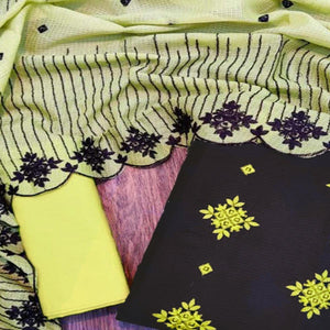 Capricious Black - Green Colored Casual Wear Embroidered Kota Chex Dress Material - Peachmode