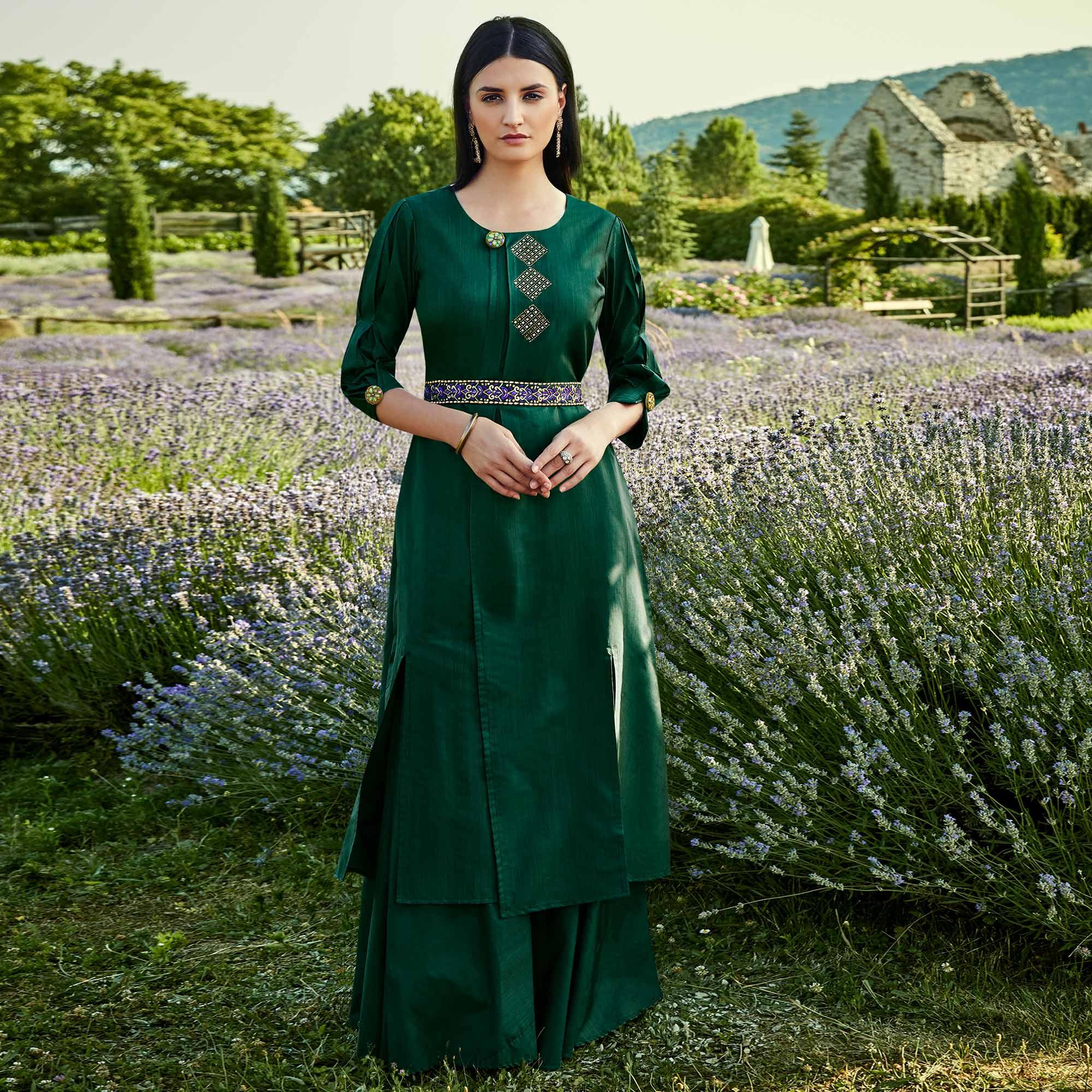 Capricious Dark Green Colored Partywear Embroidered Silk-Cotton Slub Gown - Peachmode
