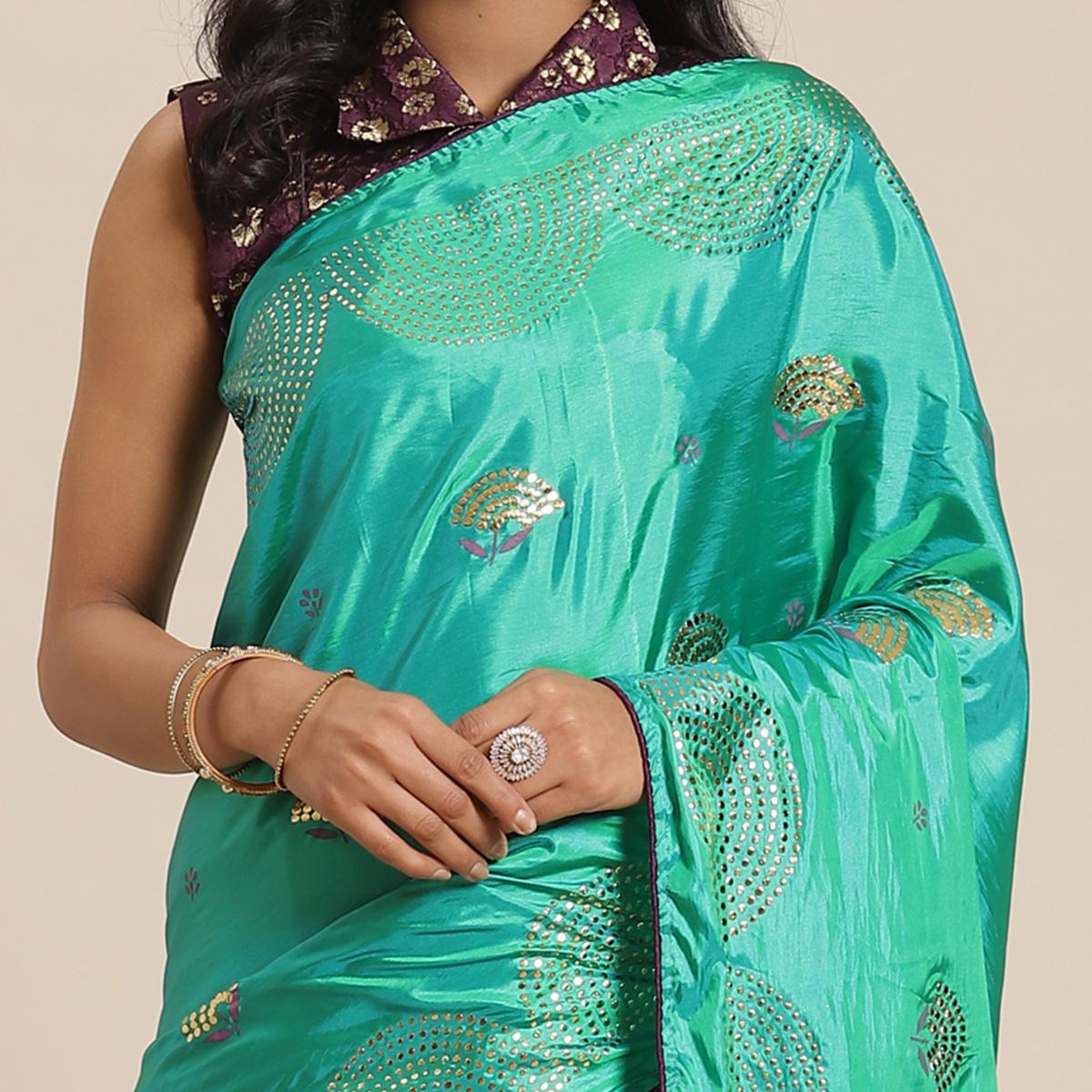 Capricious Green Colored Festive Woven Silk Blend Saree - Peachmode