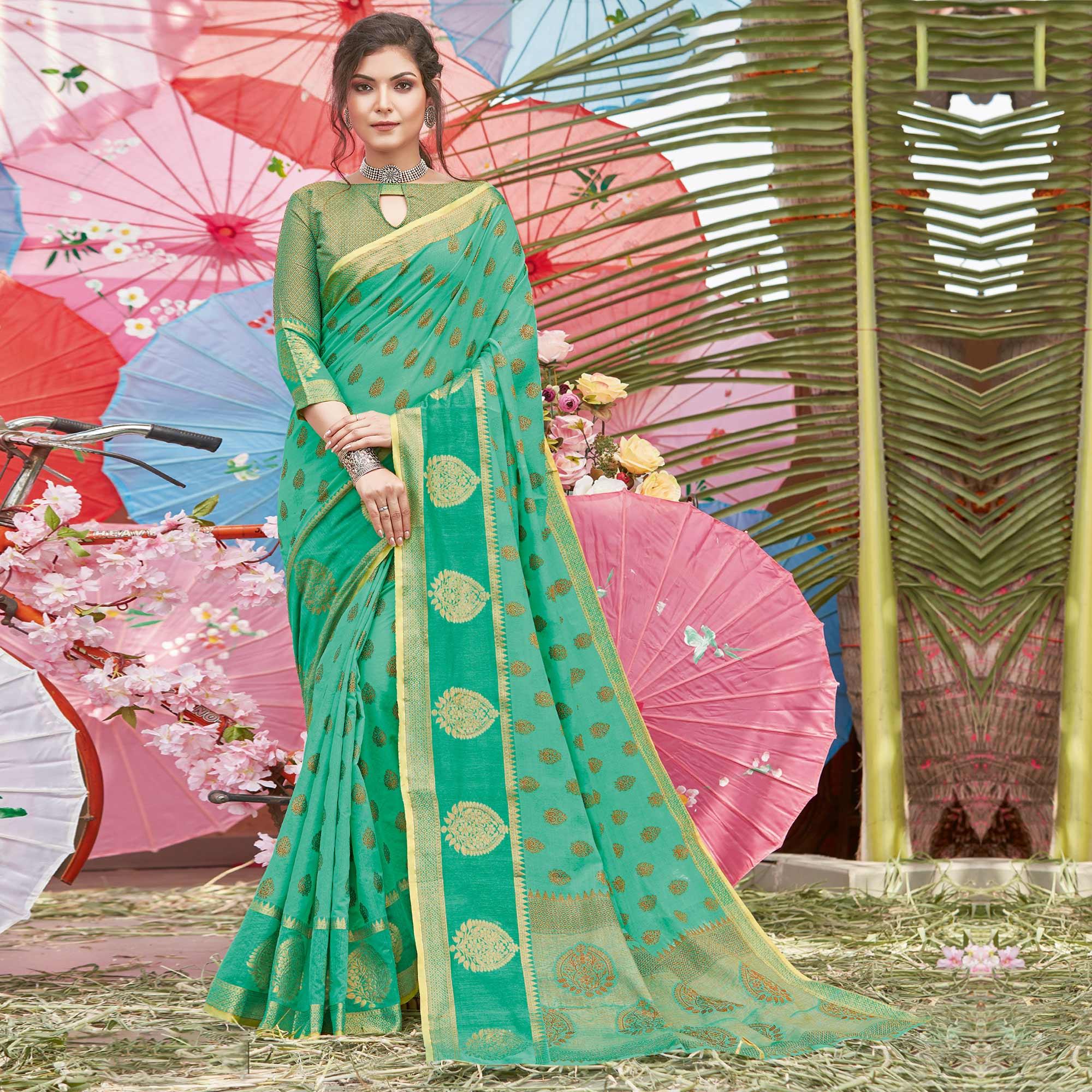Capricious Green Coloured Festive Wear Woven Cotton Handloom Saree - Peachmode