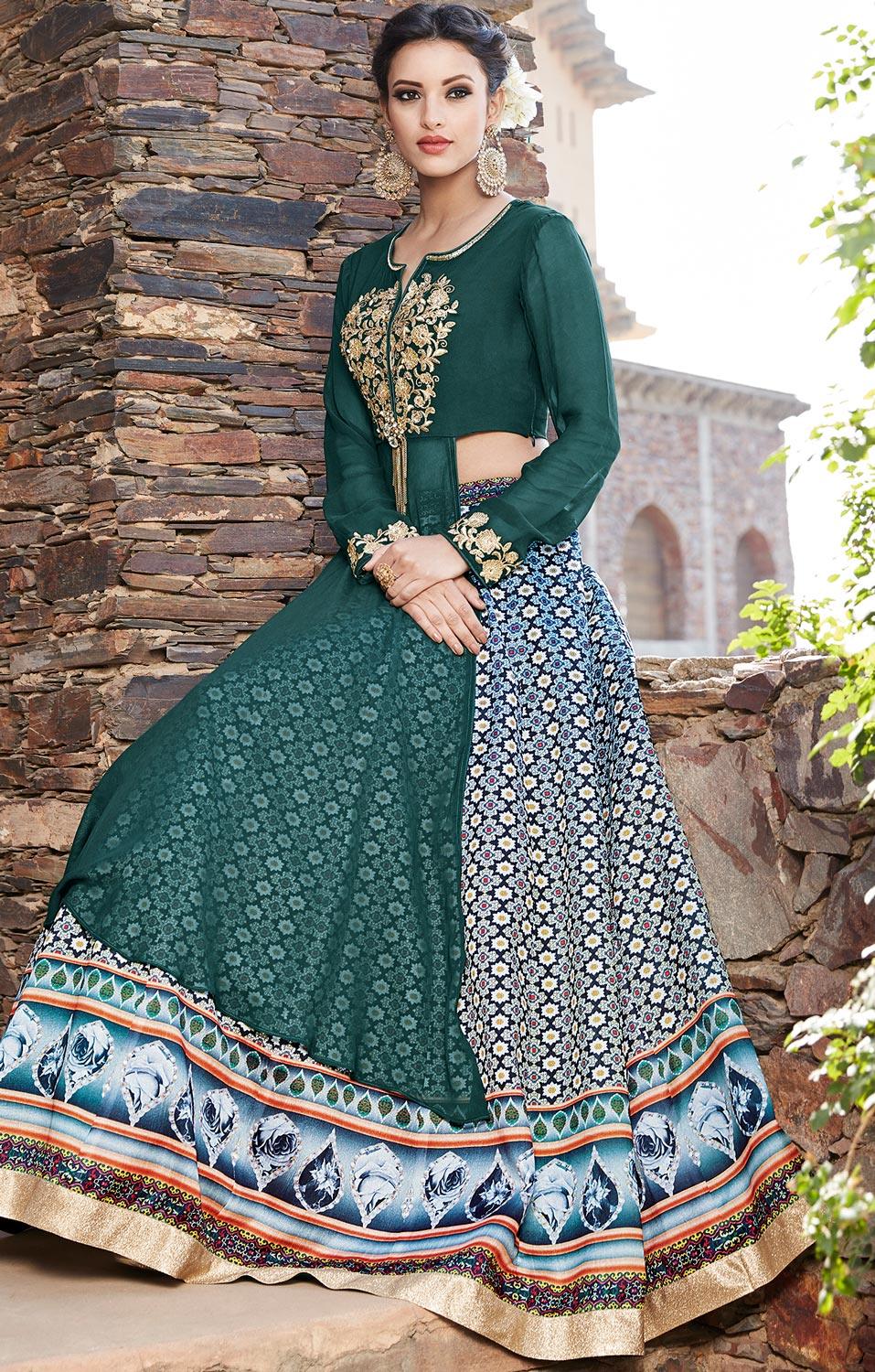 Capricious Green Designer Embroidered Partywear Georgette Lehenga Suit - Peachmode