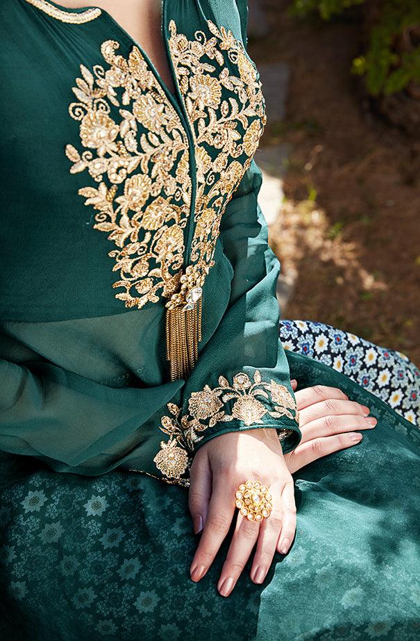 Capricious Green Designer Embroidered Partywear Georgette Lehenga Suit - Peachmode