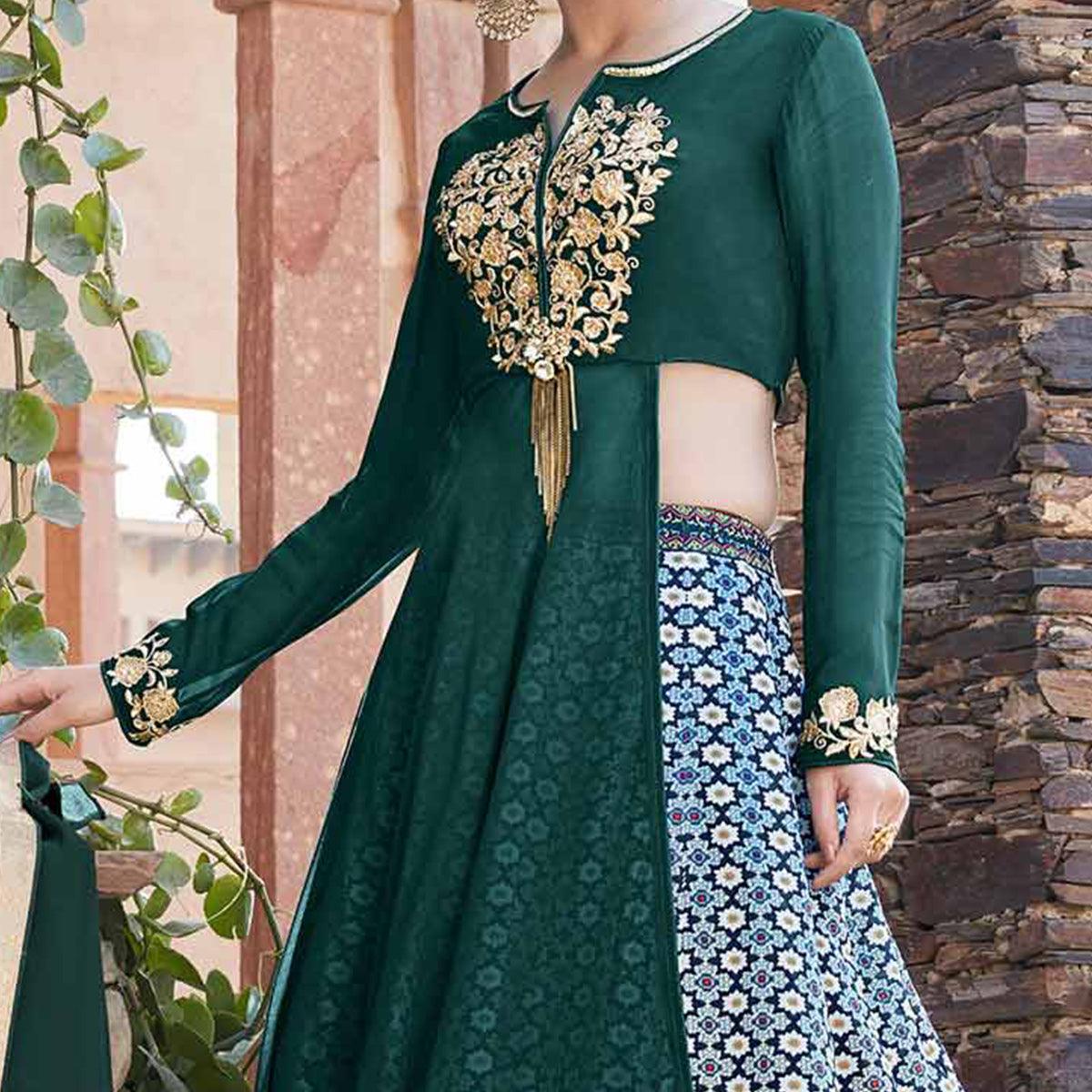 Capricious Green Designer Embroidered Partywear Georgette Lehenga Suit - Peachmode
